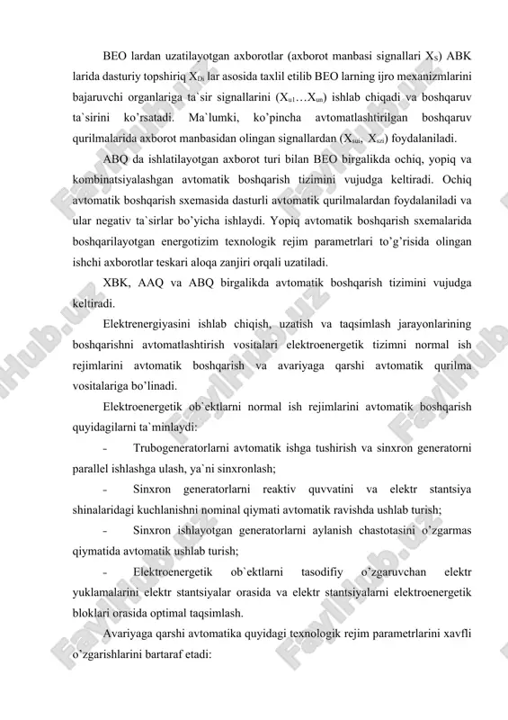 di. gidrogeneratorlarni avtomatik boshqarish. xozirgi kunda gidroelektrstantsiya (ges) dagi gidrogeneratorni ishga tushirish, to’xtatish, sinxron kompensator ish rejimiga o’tkazish va generator rejimiga qaytarishni an`anaviy algoritmli avtomatik boshqarish tizimi ishlab chiqilgan. avtomatik qurilma gidrogeneratorning xolatini o’zgarishi bilan bog’liq texnologik jarayonlarni avtomatik boshqarishni to’la ta`minlaydi va quyidagi operatsiyalarni bajaradi: · gidrogeneratorni ishga tushirishga tayyorligini, uning ishga yaroqliligini va sozligini nazorat qilish; · sinxron generatorning stator chulg’amini sovutish; · sg ning podshipniklaridagi moyni sovutish; · moy bilan ta`minlash qurilmasidagi bosimni nazorat qilish; · sg ni aniq avtomatik sinxronlash va o’z-o’zini sinxronlash usullari bilan normal yoki tezkor ishga tushirish va o’chirish; · sg ni sinxron kompensator rejimiga o’tkazish va aksincha sinxron kompensator rejimidan generator rejimiga o’tkazish hamda ishga tushirish; · normal va avariya xolatida gidroagregatni to’xtatish. gidroagregat xolatini boshqarish signallari integral mantiqiy elementlardan tuzilgan mantiqiy sxemalar yoki elektromexanik relelar yordamida ta`minlanadi. gidrogeneratorning avtomatik ishga tushirishni soddalashtirilgan rele-kontaktli sxemasi 2.2-rasmda keltirilgan. bunda normal yoki tezkor ishga …