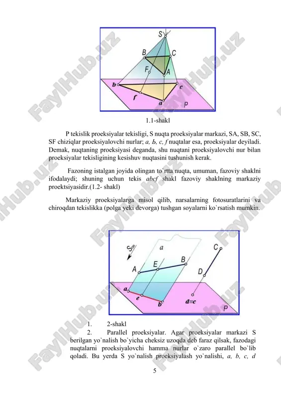 `i esa to`rtinchi chorak deb ataladi. (1.4- shakl) 1.4- shakl tasvirlanaetgan nuqta yoki nuqtalar sistemasi fazoning birinchi, ikkinchi, uchinchi, to`rtinchi choraklarida yoki proeksiya tekisliklaridan birida yoxud ularning kesishuv chizig`ida bo`lishi mumkin. quyidagi tasvirda fazoning birinchi oktantida turgan a nuqta va uning n, v, w proeksiya tekisliklarida to`gri burchakli proeksiyalari ko`rsatilgan.3 3 basant agrawal, c.m.agrawal ―engineering drawing‖ tata mcgraw-hill education private limited. new delhi-2008. 4. nuqtaning proeksiyalarini yasash uchun undan gorizontal proeksiyalar tekisligiga perpendikulyar tushiramiz va perpendikulyarning asosini a bilan belgilaymiz, so`ngra berilgan nuqtadan frontal proeksiyalar tekisligiga perpendikulyar tushirsmiz va bu perpendikulyarning asosini a‟ bilan belgilaymiz va berilgan nuqtadan profil proeksiyalar tekisligiga perpendikulyar tushiramiz va bu perpendikulyarning asosini a” bilan belgilaymiz.( 1.5- shakl.) 1.5- shakl. a - nuqtaning gorizontal proeksiyasi, a' - nuqtaning frontal roektsiyasi, a” – nuqtaning profil proeksiyasi. a, a‟, a” - proeksiyalar birgalikda a nuqtaning ortogonal proeksiyalari deyiladi.[footnoteref:3] [3: basant agrawal, c.m.agrawal ―engineering drawing‖ tata mcgraw-hill education private …