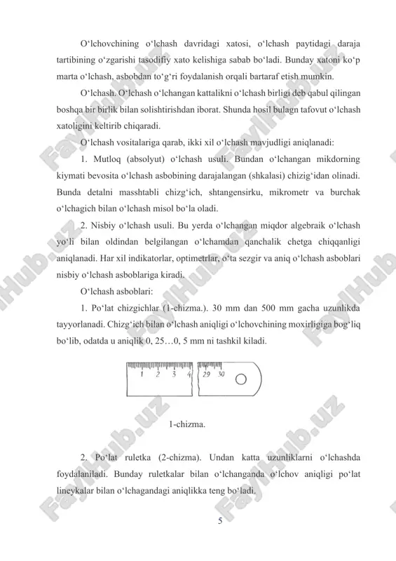 hamlari o‘lchanadi. bunday asboblar bilan o‘lchash 0,1 mm aniqlikkacha imkon beradi. 3-chizma. juda aniq o‘lchash uchun yanada takomillashgan o‘lchash asboblari shtangesirkul, mikrometr, rezba mikrometri kabi o‘lchagichlardan foydalaniladi. 4. shtangensirkul (4-chizma). amaliyotda o‘lchash asboblari ichida keng tarqalganlardan biri shtangensrkul hisoblanadi. uning o‘lchash aniqligi amaliyotda 0,1 mm, 0,05 va 0,08 mm gacha aniqlikda o‘lchanadigan qilib tayyorlanadi. shtangensirkul millimetrlardan bo‘linmalangan ikkita jag‘li shtanga 1, noniusli ramka 2, vint 3, chuqurlikni o‘lchaydiga 4 bo‘laklardan iborat. shtangensirkulning yuqorigi jag‘lar bilan detalning ingichka, pastki jag‘lar bilan tashqi o‘lchamlarini o‘lchashga muljallangan. shtangensirkullranda o‘lchash aniqligi asosan noniusga bogliq va shkala o‘lchov birligining noniusi bo‘linish soniga nisbatan 1:n bilan aniqlanadi. 4-chizma shtanga shkalasining o‘lchov birligi shtangesirkullarning barcha konstruksiyalarida 1mm ga teng, noniusdagi birliklar qiymati turlicha bo‘ladi. agar noniusda 10 bo‘linma bo‘lsa, o‘lchash aniqligi 1:10, ya’ni 0,1 mm bo‘ladi. noniusning nol bo‘linmasi shtangadagi bo‘linmaga to‘g‘ri kelmasa, shtangadagi noniusning nol bo‘linmasigacha bo‘lgan butun soni olinadi va nonius bilan shtanganing qaysi bo‘linmalari …