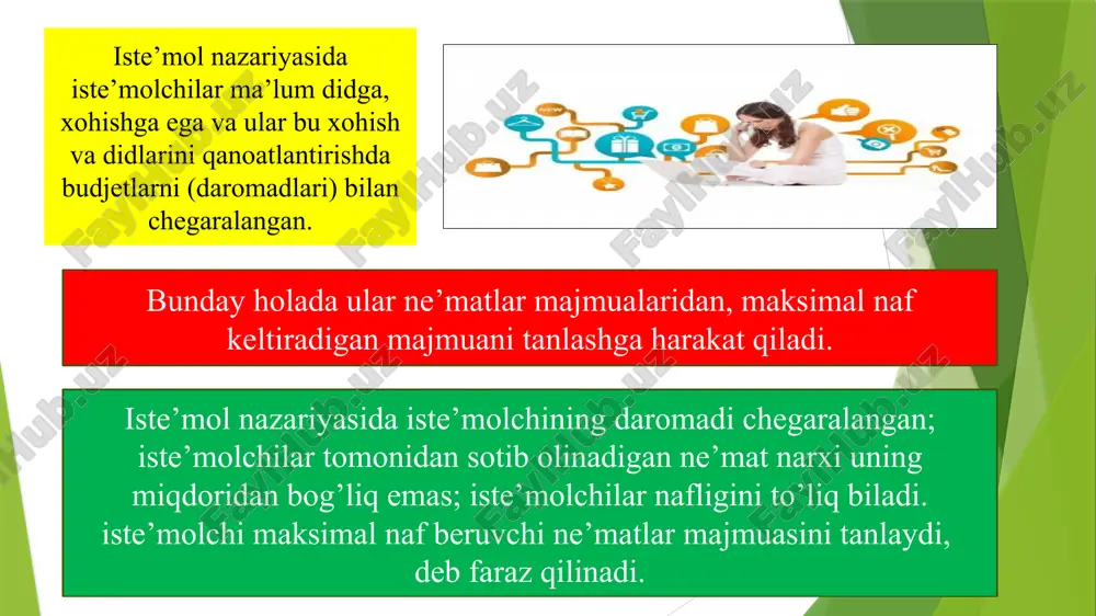 i chizig’ini va shu bilan birga individual talab chizig’ini ifodalashda tovarlarning narx bo’yicha elastiklik koeffitsiyentidan foydalanish mumkin. biz yuqorida ko’rgan edikki, agar talab narx bo’yicha elastik bo’lsa, narxning pasayishi iste’molchini tovardan ko’proq sotib olishga undaydi. natijada iste’molchining tovar sotib olishiga sarfi o’sadi, narx oshganda iste’molchi sarfi kamayadi. bozor talabi alohida bozordagi iste’molchilarning individual talablari yig’indisi bilan aniqlanadi. bozor talabi chizig’i esa ma’lum bozordagi iste’molchilarning individual talablari chiziqlarni qo’shish orqali olinishi mumkin. umuman olganda, bozor talabini aniqlashda har xil demografik guruhlarga qarashli iste’molchilar talablarini yig’ishga, har xil hududlarda yashovchi iste’molchilar talablarini yig’ishga to’g’ri keladi. masalan, muzqaymoqqa bo’lgan bozor talabi o’rganilganda yosh bolalar talabi, o’smirlar talabi, ayollar talabi, nafaqaxo’rlar talabi to’g’risidagi axborotlarni olishga va ularni jamlashga to’g’ri keladi. xuddi shu masalani hududlar bo’yicha aniqlash ham mumkin. iste’molchilarning individual talablari chiziqlari to’g’ri chiziqlardan iborat bo’lgani bilan bozor talab chizig’i ham to’g’ri chiziqdan iborat bo’lishi shart emas. nima uchun deganda, yuqori narxlarda ba’zi bir …