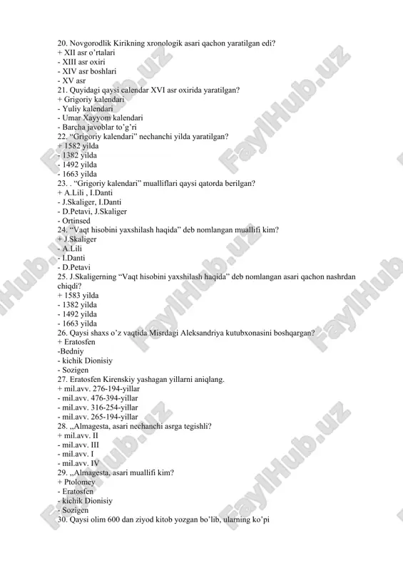 43. siderik oy nimaga nisbatan hisoblanadi? + yulduz - quyosh - oy va quyoshga - yer 44. oyning bir xil fazasi takrorlanishiga ketgan vaqt esa qancha sutkani tashkil etadi? + 29,5 - 30,5 - 28 - 25 45. sinodik oy necha sutkadan iborat? + 29,5 - 30,5 - 28 - 25 46. sinodik oy nimaga nisbatan hisoblanadi? + yer - yulduz - quyosh - oy va quyoshga 47. bir oy necha sutkani tashkil etadi? + 29,5 - 28 - 27 - 25 48. yer asosan ikki xil harakatlanadi: o’z o’qi atrofida (sutkalik harakat) va quyosh atrofida (…………harakat) nuqtalarni to’ldiring. + yillik - kunlik - sutkalik - oylik 49. yerning quyosh atrofidagi yillik harakat yo’li uning …….. deb ataladi? + orbitasi - somon yo’li - belbog’i - fasllari 50. yer orbitasining uzunligi qancha? + 940 mln. km - 660 mln. km - 780 mln.km - 990 mln.km 51. sug`d taqvimi qaysi …