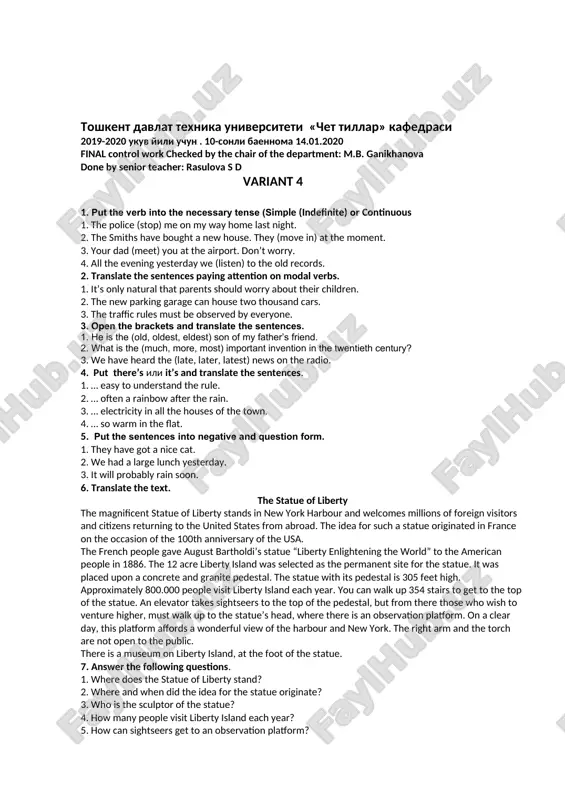 senior teacher: rasulova s d variant 3 1.translate the following sentences. 1. we stayed in the garden for a long time. 2. she had finished packing by three o’clock. 3. public opinion is changing. 4. i shall come along as often as possible. 5. jerry has been discussing it with her this evening. 6. he will be asking me the same question tomorrow. 2. make the question for each sentence translate them. 1. you can go to st. petersburg by train or by plane. 2. you should take a taxi if you don’t want to be late. 3. every engineer must know at least one foreign language. 4. he may go away now. i shall finish the work myself. 3. open the brackets and translate the sentences. 1. love is (precious, more precious, the most precious) than money. 2. to violate traffic regulations is very (dangerous, more dangerous, the most …