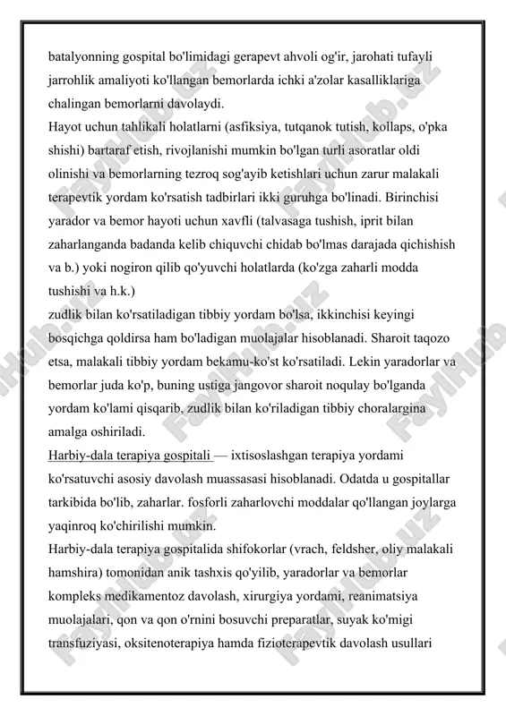 tibbiy yordam bekamu-ko'st ko'rsatiladi. lekin yaradorlar va bemorlar juda ko'p, buning ustiga jangovor sharoit noqulay bo'lganda yordam ko'lami qisqarib, zudlik bilan ko'riladigan tibbiy choralargina amalga oshiriladi. harbiy-dala terapiya gospitali — ixtisoslashgan terapiya yordami ko'rsatuvchi asosiy davolash muassasasi hisoblanadi. odatda u gospitallar tarkibida bo'lib, zaharlar. fosforli zaharlovchi moddalar qo'llangan joylarga yaqinroq ko'chirilishi mumkin. harbiy-dala terapiya gospitalida shifokorlar (vrach, feldsher, oliy malakali hamshira) tomonidan anik tashxis qo'yilib, yaradorlar va bemorlar kompleks medikamentoz davolash, xirurgiya yordami, reanimatsiya muolajalari, qon va qon o'rnini bosuvchi preparatlar, suyak ko'migi transfuziyasi, oksitenoterapiya hamda fizioterapevtik davolash usullari o'tkaziladi. yuqumli kasalligi bor bemorlar infeksion kasalliklarga ixtisoslashgan gospitalga jo'natiladi, ruhiy va asab tizimi kasallangan bemorlarni harbiy-dala nevrologik gospitaliga yuboriladi. mahsuslashgan terapevtik yordam ham malakali tibbiy yordamning davomi hisoblanadi. barcha maxsus jihozlarga ega ko'p tarmoqli gospitallarda mutaxassis-shifokorlar bir necha turdagi jarohat olgan hamda radiatsiya nuri bilan zararlangan bemorlarga, kuygan va yaradorlarga turli davolash muolajalarini o'tkazadilar, bu jarayonda hamshiralar faol qatnashadilar. antiseptiklar …
