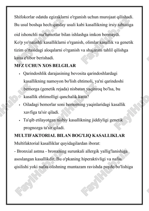 ota-onalar, turmush o'rtog'laridan biri kasallik mavjud; · jismoniy sog'lom bolali, lekin irsiy kasalliklarga chalingan qarindoshlari bo'lgan oilalar; · bemor bolaning aka-uka yoki opa-singillarining salomatligi uchun prognoz qilishni istagan ota-onalar; · homilador ayollarda g'ayritabiiy sog'liqqa ega bo'lish xavfi yuqori. 2. prenatal tashxis homilaning konjenital yoki irsiy patologiyasini prenatal aniqlash hisoblanadi. odatda, barcha homilador ayollar irsiy patologiyani istisno qilish uchun tekshirilishi kerak. buning uchun ultratovush tekshiruvi, homilador ayollar sarumini biokimyoviy tadqiqotlar qo'llaniladi. prenatal tashhis qo'yish uchun quyidagi ko'rsatmalar bo'lishi mumkin: · aniq aniqlangan irsiy kasallikning mavjudligi; · 35 yoshdan oshgan onaning yoshi; · ayollarning oldingi spontan aborti, noma'lum sabablarga ko'ra o'lik tug'ish. profilaktikaning ahamiyati tibbiy genetika har yili yaxshilanadi va irsiy kasalliklarning aksariyat qismini oldini olish uchun ko'proq imkoniyatlar yaratadi. har bir oilada sog'lig'iga duch kelgan muammolar xavfli bo'lgan narsalar va ular nimaga tayanishi mumkinligi haqida to'liq ma'lumot beradi. jamiyatning genetik va biologik xabardorligini oshirish, inson hayotining barcha bosqichlarida sog'lom imgini targ'ib …