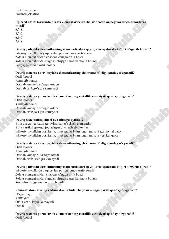 dan pastga tomon ortib boradi 2-davr elementlaridan chapdan o’ngga ortib boadi 3-davr elementlarida o’ngdan chapga qarab kamayib boradi seziydan litiyga tomon ortib boradi element atomlarining radiusi davr ichida chapdan o’ngga qarab qanday o’zgaradi? o’zgarmaydi kamayadi oldin ortib, keyin kamayadi ortadi davriy sistema guruxlarida elementlarning metallik xususiyati qanday o’zgaradi? ortib boradi kamayib boradi dastlab kamayib, so’ngra ortadi dastlab ortib, so’ngra kamayadi davriy sistemaning davri deb nimaga aytiladi? bitta gorizontal qatorga joylashgan o’xshash elementlar ishkoriy metalldan boshlanib,inert gazlar bilan tugallanuvchi gorizontal qator bitta vertikal qatorga joylashgan o’xshash elementlar ishkoriy metalldan boshlanib, inert gazlar bilan tugallanuvchi vertikal qator atomlarning o‘zaro birikib, bir yoki bir necha elektron juft hosil qilish va ularning shu elektron jufti hisobiga vujudga keladigan kimyoviy bog‘lanish....... kovalent bog‘lanish deyiladi ion bog‘lanish deyiladi donor-akseptor bog‘lanish deyiladi vodorod bog‘lanish deyiladi kovalent bog’lanishda valentlik nima bilan aniqlanadi? tashqi pog’onadagi juft elektronlar soni bilan hosil bo’lgan umumiy elektron juftning soni bilan barcha elektronlar soni …
