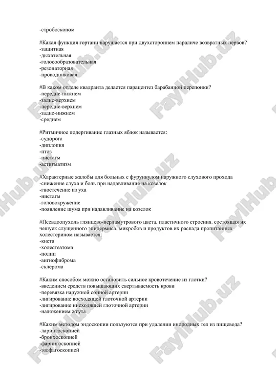 xeta polosti rta -streptokokki -lyamblii #pri kakom iz perechislennix zabolevaniy imeetsya stoykaya perforatsiya barabannoy pereponki v natyanutoy chasti? -epitimpanit -kataralniy otit -allergicheskiy otit -mezotimpanit -tubootit #xarakternaya faringoskopicheskaya kartina pri kataralnoy angine -nebnie mindalini uvelicheni. giperemirovani -v lakunax gnoynie probki -poverxnost nebnix mindalin imeyutsya nagnoivshiesya follikuli -poverxnost nebnix mindalin pokrita sero-gryaznim naletom -rezkaya gipertrofiya nosoglotochnoy mindalini #patogenez paratonzillyarnogo abstsessa: -vospalenie yazichnoy mindalini -vospalenie gortannoy limfoadenoidnoy tkani -vospalenie nebnix mindalin. okolomindalinovoy kletchatki -vospalenie nosoglotochnoy mindalini -vospalenie okolotrubnoy mindalini #naibolee xarakternie priznaki paratonzillyarnogo abstsessa -infiltratsiya i smeshenie nebnoy mindalini po sredney linii. trizm jevatelnix mishts -giperimiya mindalin -giperimiya zadney stenki glotki -plotniy sero-gryazniy nalet na mindalinax -pri nadavlivanii na mindalini iz lakun poyavlyayutsya gnoynie probki #kakie preparati protivopokazani pri podgotovke k operatsii tonzillektomii? -askorbinovaya kislota -antibiotiki -atsetilsalitsilovaya kislota -sulfanilamidi -antigistaminnie sredstva #kakie patomorfologicheskie protsessi proisxodyat pri adgezivnom otite? -stoykie rubtsi mejdu barabannoy pereponkoy, sluxovimi kostochkami i stenkami barabannoy polosti -stoykaya perforatsiya natyanutoy chasti …