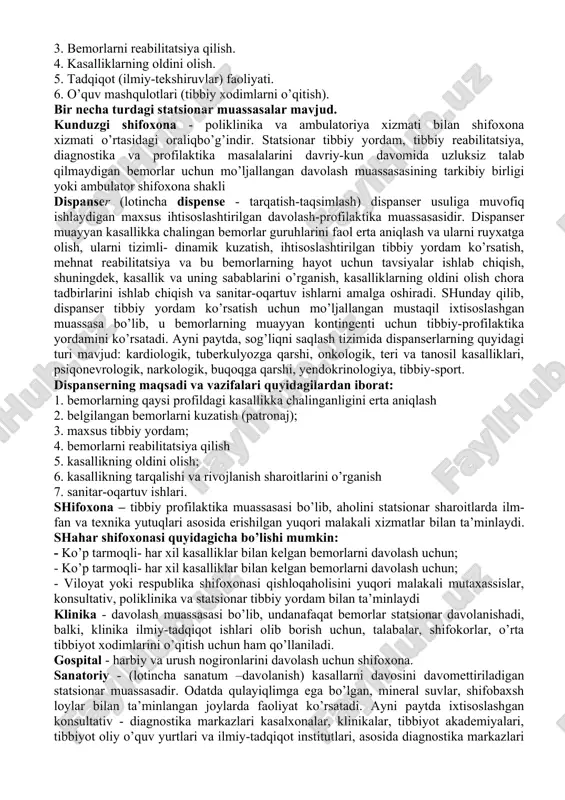 hgan tibbiy profilaktika muassasasi bo’lib, bemorlarga tibbiy yordam, shu bilan bir qatorda maxsus tibbiy yordam ko’rsa-tiladi. shuningdek, uy sharoitida kasalliklarni davolash va profilaktikasida kompleks tibbiy-profilaktika tadbirlari qo’llaniladi. poliklinika – shahar tipidagi mustaqil tibbiy-profilaktika muassasasi bo’lib, u tibbiy bo’lim yoki qo’shma kasalxonaning bir qismi bo’lishi ham mumkin. op da barcha mutaxassislik shifokorlari bemorlarni qabul qilishadi. laboratoriya, diagnostika va davolash xonalari mavjud. klinikaga kela olmaydigan bemorlar shifokorni chaqiradilar va uyda malakali yordam ko’rsatiladi va kerak bo’lganda kasalxonaga yotqiziladi. klinika bemorlarni aniqlash, tibbiy yordam ko’rsatish, kasalliklarni o’rganish, profilaktik tekshiruvlarni o’tkazish bo’yicha ishlarni amalga oshiradi. op larda, hamshiralar isitma va qon bosimi (bp) bilan og’rigan bemorlarni qabulqiladigan shifoxonaga qabulqilish xonalari ham mavjud. qvp - kichik shahar tipidagi aholipunktlari, kichik sanoat korxonalari yoki qishloq xo’jaligi o’quv-uchastka aholisiga ambulator tibbiy yordam bilan ta’minlash uchun mo’ljallangan davolash va profilaktika muassasasi. qishloq joylarida ambulatoriya xizmatlari qishloq sog’liqni saqlash tizimining asosiy tarkibiy bo’linmasi bo’lgan paramedik va akusherlik punktlari orqali …