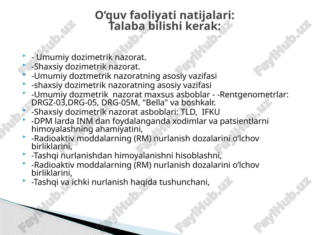 di. shaxsiy dozimetrik nazorat utkazish uchun tld, ifku asboblaridan foydalaniladi. termolyuministsentli usullar xozirgi vaktda shaxsiy dozimetrik nazoratini utkazish uchun asosiy usullar xisoblanadi. usul ionlantiruvchi nurlanish energiyasini detektorning radiosezgir elimentlari tomonidan yutilishiga asoslangan. detektor elementlariga litiy ftoridi, kaltsiy ftoridi, alyuminofosfatli shishalarni kiritish mumkin. detektorni kizdirish natijasida unga yutilgan nurlanish energiya chaknash kurinishida ajrab chikadi va bu xodisaga termolyuministsentsiya deyiladi.detektorni kizdirgandan sung ajralib chikkan yoki chaknagan yoruglik mikdori yutilgan dozaga proportsionaldir. dozimyetriyada termolyuminissyentli usullar. № bosqich tadbirlar bajarilmadi (0-ball) to’liq to’g’ri bajarilgan 1. drg-05m, drg-107s dozimetrik asboblarini ishchi holatiga keltirish 0 10 2. asbobning uzatgichi xodimlarning ish joyi statsionar himoya to’siqlarining orqa tarafiga joylashtirish 0 20 3. asbobning qayd qilish qismida doza quvvatining darajasini aniqlash 0 20 4. olingan natijalarni ruxsat etilgan darajalar bilan taqqoslash 0 20 5. ishchi joyidagi ekspozitsion doza quvvati darajasi bo’yicha xulosa beri sh va radiatsion xavfsizlikka baho berish. 0 30 jami 0 100 amaliy kism a) umumiy …