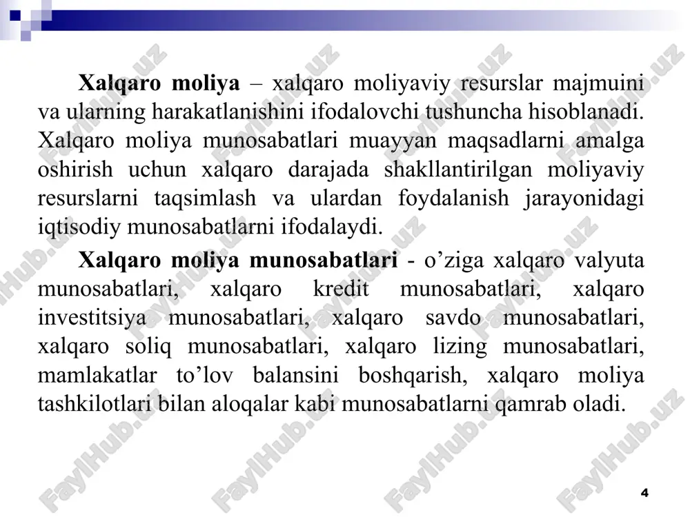 susan, xalqaro savdoda bojlarning pasaytirilishi, xorijiy investorlarni keng jalb etishga qaratilgan qulay investitsiya muhitining yaratilishi hamda valyuta cheklovlarining bekor qilinishi kabi tadbirlar amalga oshirilishi muhim o’rin tutadi. 14 • tashqi iqtisodiy aloqalarning xalqaro me’yoriy-huquqiy bazasini qabul etilishi. • mamlakatlar o’rtasidagi moliyaviy munosabatlarni xalqaro jihatdan tartibga solish va nazorat qilish tizimini tashkil qilinishi. alohida olingan milliy iqtisodiyotning xalqaro moliya munosabatlaridagi ishtirokini bir necha miqdoriy ko’rsatkichlar bilan tavsiflash mumkin: – eksport kvotasining miqdori, bunda eksport hajmi yammga nisbatan foizda hisoblanadi; – import kvotasining miqdori, bunda import hajmi yammga nisbatan foizda hisoblanadi; – tashqi savdo kvotasining miqdori, bunda tashqi savdo aylanmasi hajmi yammga nisbatan foizda hisoblanadi. 15 • moliyaviy globallashuv sharoitida xalqaro moliyaning vazifalari sifatida quyidagilarni ko’rsatish mumkin: – milliy iqtisodiyotlarning yagona xalqaro tizimga integratsiyalashuvini ta’minlash; – xalqaro savdo hamda tovarlar, xizmatlar va kapital ayirboshlashning oqilona harakatini tashkil etish; – milliy iqtisodiyotlarni xalqaro iqtisodiy va moliyaviy o’zgarishlarga moslashtirish; – mamlakatlarning milliy moliyaviy siyosatini …