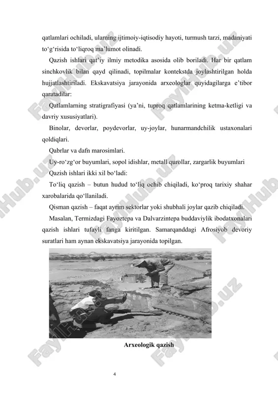 logiyalarsiz tasavvur etilmaydi. dronlar yordamida yodgorliklarning umumiy ko‘rinishi olinadi, gis tizimi orqali topilmalar xaritada aniq qayd qilinadi, 3d skanerlash yordamida yodgorliklar virtual model sifatida tiklanadi. radiokarbon sanasi, dendroxronologiya, termolyuminessensiya kabi usullar orqali esa yodgorliklarning yoshi aniqlanadi. o‘zbekiston arxeologlari ham bu texnologiyalardan keng foydalanib kelmoqda. masalan, xorazm vohasidagi qal’alar 3d lazer texnologiyalari yordamida qayta tiklanmoqda. samarqanddagi afrosiyob devoriy suratlari esa zamonaviy restavratsiya laboratoriyalarida ilmiy tadqiq qilinmoqda. qidiruv, qazish va laboratoriya tadqiqotlari bir-birini to‘ldiradi. qidiruvsiz qazish ishlari olib borib bo‘lmaydi, qazishsiz esa laboratoriyada tahlil qilish uchun material bo‘lmaydi. shuningdek, zamonaviy texnologiyalar bu jarayonlarni samarali qilishda yordam beradi. shu sababli arxeologiyada tadqiqotlarning barcha turlari o‘zaro bog‘langan holda olib boriladi. arxeologik tadqiqotlarning asosiy turlari — qidiruv, qazish, laboratoriya-kameral tahlil va zamonaviy texnologiyalardan foydalanishdir. ularning har biri qadimiy yodgorliklarni o‘rganish, tarixiy jarayonlarni qayta tiklashda muhim ahamiyat kasb etadi. aynan shu tadqiqot turlari orqali insoniyat tarixining eng qadimiy bosqichlari ilmiy asosda yoritilib kelmoqda. 2. arxeologiyada sanalashtirish …