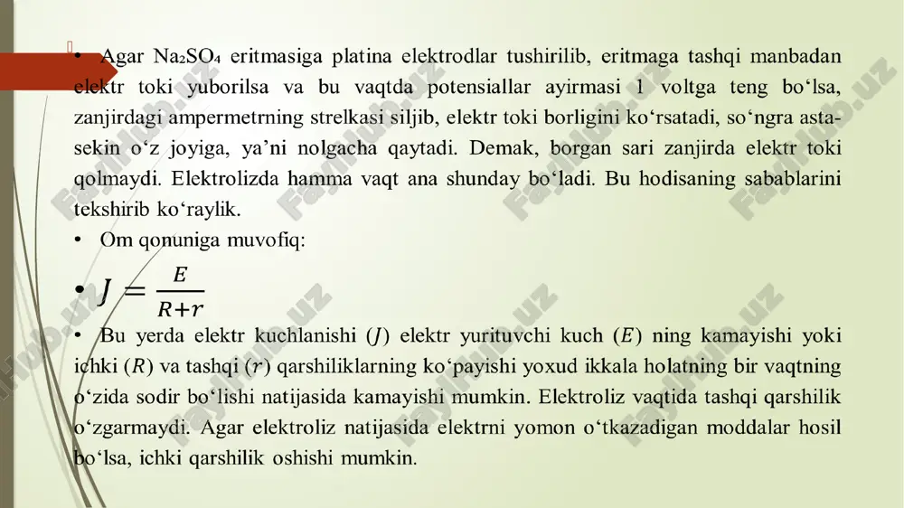 eaksiya bilan birga boradigan yon reaksiyalar natijasida elektrodlarning muvozanat holati buziladi. bularning barchasi qutblanish hodisasining yuz berishiga sababchi bo‘ladi. qutbsizlantirish elektroliz jarayonida qutblanishni yo‘qotish qutbsizlantirish (depolyarizatsiya) deb ataladi. qutblanishni yo‘qotish uchun uning sabablarini yo‘qotish kerak. konsentratsion qutblanish eritmani shiddatli aralashtirish yo‘li bilan deyarli yo‘qotilishi mumkin, lekin uni butunlay yo‘q qilish imkonsiz, chunki elektrodlarda hosil bo‘lgan diffuzion qatlam (elektrodga qattiq yopishib, undan ajralmaydigan suyuqlik qatlam) bunga yo‘l qo‘ymaydi. kimyoviy qutblanishni esa elektrodlarda ajralib chiqayotgan modda bilan reaksiyaga kirishadigan modda qo‘shib yo‘qotish mumkin. masalan, elektrodlarda kislorod yoki vodorod ajralib chiqayotgan bo‘lsa, qaytaruvchi va oksidlovchi modda qo‘shib ularni yo‘qotish mumkin. kislorod ajralib chiqayotgan elektrod qismiga qaytaruvchi, vodorod ajralib chiqayotgan elektrod qismiga esa oksidlovchi modda qo‘shiladi. katod va anod qismlarida kutbsizlantiruvchi sifatida turli moddalar ishlatilganda, ular sharoitga qarab, turli darajaga qadar oksidlanishi yoki qaytarilishi mumkin. qo‘shilgan moddaning qay darajaga qadar qaytarilishi ushbu moddaning konsentratsiyasiga, elektrodning tabiatiga, uning potensiali miqdoriga, haroratga va katalizatorlarga bog‘liq. masalan, …