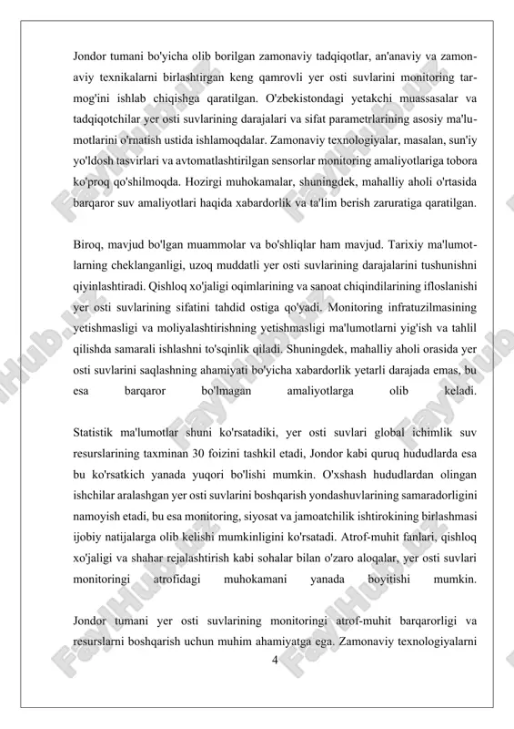 ifloslantiruvchi moddalar mavjudligi kuzatiladi. o‘zbekistonda yer osti suvlarining sifati ko‘pincha agrar faoliyatlar, sanoat chiqindilari va boshqa inson faoliyati omillari ta’sirida o‘zgaradi. shuning uchun, monitoring jarayonida bu omillarni e’tiborga olish juda muhimdir. jondor tumani yer osti suvlarining monitoringi, an’anaviy usullar bilan birga zamonaviy texnologiyalarni, masalan, gis (geografik axborot tizimlari) va masofadan sezish texnologiyalarini o‘z ichiga oladi. bu texnologiyalar yordamida yer osti suvlarining taqsimlanishi, darajasi va sifati haqidagi ma’lumotlarni yig‘ish va tahlil qilish imkoniyatlari kengayadi. gis yordamida suv qatlamlarining xaritalarini yaratish, ularning joylashuvi va xarakteristikalarini aniqlash mumkin. bu esa, o‘z navbatida, yer osti suvlarining barqaror boshqaruvi uchun zarur bo‘lgan ma’lumotlarni taqdim etadi. shuningdek, jondor tumani mintaqasida yer osti suvlarini monitoring qilish jarayonida, mahalliy aholi va qishloq xo‘jaligi ishlab chiqaruvchilarini jalb qilish muhim ahamiyatga ega. ular bilan hamkorlik qilib, suvni tejash va uning sifatini yaxshilash bo‘yicha o‘quv dasturlarini tashkil etish, suv resurslarini muhofaza qilishda aholini jalb qilish zarur. bu, nafaqat suv resurslarining sifatini …