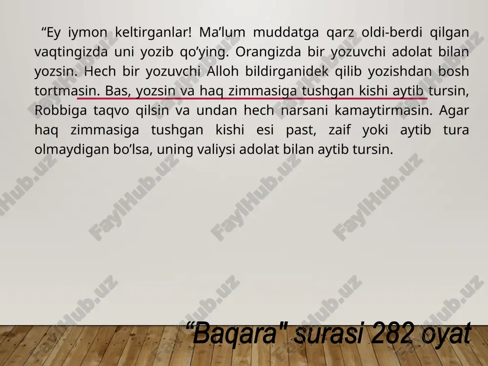 yatda, ya’ni bir kishi boshqa bir kishiga bir yilgacha ma’lum mablag’ qarz berganini vorislariga vasiyat qilgan bo’lsa, inkorda, qarz olganlik inkor etilgan xolatda qarz bergan tomon muddatdan oldin qarzni talab qilishga xaqli qarz xukmiga ko’ra, ya’ni qozi qarzni to’lashni xukm qilganda muddatdan oldin (yoki keyin) qarz qaytarilishi lozim mablag’ni boshqa kishiga bermoqchi bo’lganda, ya’ni qarz beruvchi tomon qarzdor tomondagi mablag’ni boshqa kishiga ko’chirmoqchi bo’lganda, qarz beruvchi tomon qarz muddatini oldin (yoki keyin)ga surishga xaqli ulamolar alloh taolo qabul qiladigan yaxshi qarzning shartlarini ham zikr qilganlar : 1. sadaqa qiluvchining niyati sof boʼlsin. 2. sadaqa chin koʼngildan, riyosiz, allohning roziligi uchun berilsin. 3. halol moldan boʼlsin. 4. sifatsiz boʼlmasin. 5. eng zarur joyga sarflansin. 6. sadaqa yashirin holda qilinsin 7. minnat qilinmasin. 8. koʼp boʼlsa xam, oz sanalsin. 9. oʼzining yaxshi koʼrgan molidan boʼlsin. 10. oʼzini boy sanab, oluvchini kambagʼal sanamasin. xadisi sharifdan dalillar ibn mas’ud (r.a.)dan rivoyat qilinadi: payg’ambar (s.a.v.) …