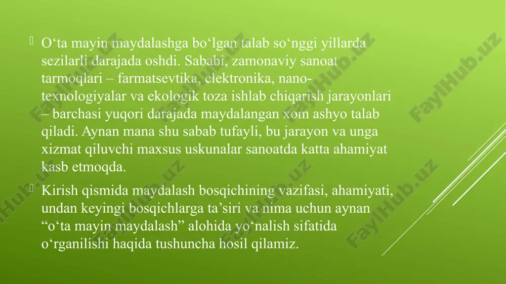 rmoni tuzilishi va ishlash printsipi: isamill – bu gorizontal turdagi yuqori samarali, yuqori energiyali mayin maydalash uskunasi bo‘lib, kichik silliqlovchi jismlar (1–3 mm) va silindrsimon rotor yordamida ishlaydi. ichkarida harakatlanuvchi valga o‘rnatilgan disklar mavjud bo‘lib, ular silliqlovchi vositalarni harakatlantiradi. material zarrachalari juda yuqori tezlikda harakatlanib, o‘zaro ishqalanadi va maydalanadi. sovutish va dispersiya tizimlari mavjud. afzalliklari: <10 mikrongacha maydalash mumkin. uzluksiz ishlash rejimi. past energiya sarfi, yuqori samaradorlik. yopiq siklda ishlaydi (chang chiqmaydi). kamchiliklari: qimmat texnologiya. murakkab texnik xizmat. vibratsion tegirmon tuzilishi va ishlash printsipi: bu turdagi tegirmonlar silliqlovchi muhit (sharlar yoki silindrik jismlar) bilan to‘ldirilgan silindr shaklidagi idish bo‘lib, u yuqori chastotali vibratsiyaga duchor qilinadi. vibratsiya ta’sirida zarrachalar silliqlovchi jismlar bilan urishadi. silliqlash jarayoni yuqori intensivlikda amalga oshadi. mikron va sub-mikron darajada maydalanish mumkin. afzalliklari: juda nozik zarrachalar olish mumkin. oddiy tuzilma. sanoat va laboratoriya sharoitida moslashuvchanlik. kamchiliklari: ish paytida shovqinli va vibratsiyali. qayta sozlash talab qiladi. sharli tegirmon (ultrafine …