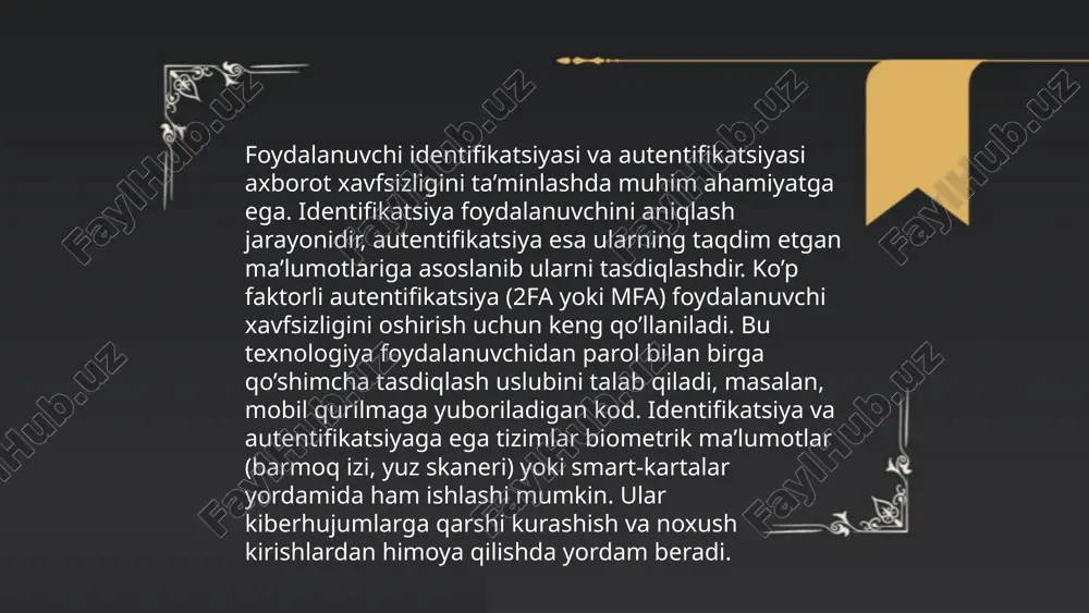 anishiga e’tibor qaratish zarur, chunki yangi xavf-xatarlar doimiy ravishda ishlab chiqiladi. o‘zbekistonda 2020-yilgi ma’lumotlarga ko‘ra, internet foydalanuvchilarining 25% xavfsizlik dasturlaridan foydalanadi. ahborot havfsizligini taʼminlash usuli usmanaliyv havasbek e'tiboringiz uchun raxmat! image1.png image2.png image3.png image4.gif image5.jpg image6.png image7.png /docprops/thumbnail.jpeg