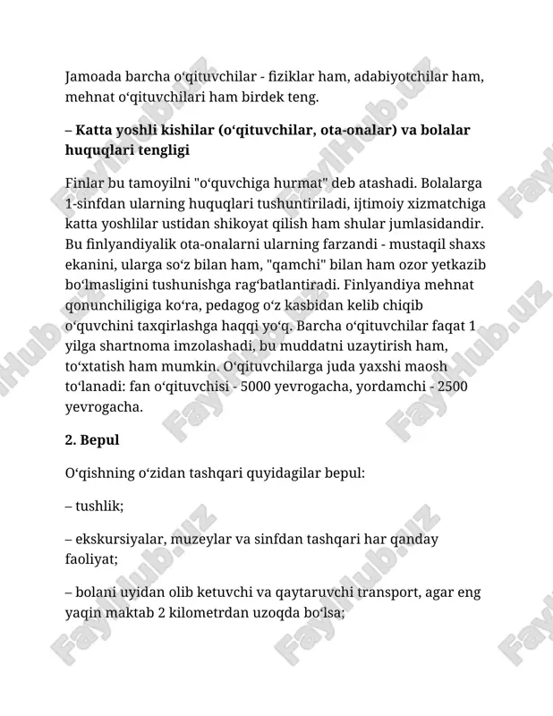 di. korrektsion ta'lim — materialni o‘zlashtirishdagi umumiy barqaror muammolar bilan bog‘liq. masalan, bu ta'lim olib boriluvchi fin tilini tushunmaslik yoki eslab qolish yo matematik qobiliyatining yaxshi emasligi, yoxud ba'zi bolalarning asotsial xatti-harakatlari bilan bog‘liq bo‘lishi mumkin. korrektsion ta'lim kichik guruhlarda yoki individual tarzda o‘tkaziladi. 4. amaliyot "yo hayotga tayyorlaymiz, yoki — imtihonlarga. biz birinchisini tanlaymiz", - deydi finlar. shuning uchun finlyandiyadagi maktablarda imtihonlar yo‘q. nazorat ishlari va oraliq test sinovlari - o‘qituvchining qaroriga qarab belgilanadi. umumta'lim maktabini tugallashda faqat birgina majburiy standart test o‘tkaziladi. shunisi diqqatga sazovorki, o‘qituvchilar uning natijalari uchun alohida qayg‘urishmaydi, test natijalari uchun birovning oldida javob ham berishmaydi, bolalar ham unga maxsus tayyorgarlik ko‘rishmaydi: boriga baraka. finlyandiya maktablarida hayotda kerak bo‘ladigan bilimlar beriladi. masalan, biror bir qurilmaning tuzilishi ularga kerak bo‘lmaydi, uni o‘rganishmaydi ham. u yerdagi bolalar bolalikdan portfolio, shartnoma, bank kartasi nima ekanini yaxshi bilishadi. merosdan soliq fozini yoki kelgusidagi daromadlarini hisoblay olishadi, internetda tashrif-saytini yarata …