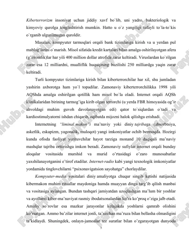 y sufiylar internet orqali bunday aloqalar vositasida murshid va murid o’rtasidagi o’zaro munosabatlar yaxshilanayotganini e’tirof etadilar. internet-radio kabi yangi texnologik imkoniyatlar yordamida tinglovchilarni “psixonavigatsion sayohatga” chorlaydilar. kompyuter-media vositalari diniy amaliyotga chuqur singib ketishi natijasida kibermakon muhim rituallar maydoniga hamda muayyan dinga targ’ib qilish manbai va vositasiga aylangan. bundan tashqari jamiyatdan uzoqlashgan ma’lum bir yoshlar va ayollarni kiber-ma’naviyat rasmiy ibodatxonalardan ko’ra ko’proq o’ziga jalb etadi. amaliy so’rovlar esa mazkur jarayonlar kelajakda yoshlarni qamrab olishini ko’rsatgan. ammo ba’zilar internet jonli, ta’sirchan ma’ruza bilan bellasha olmasligini ta’kidlaydi. shuningdek, onlayn-jamoalar tez suratlar bilan o’zgarayotgan dunyoda “to’g’ri yo’l”da bo’lishning amaliyoti qanday bo’lishiga oid savol va mulohazalarni muhokama qiluvchi muhim “maydon”ga aylandi. umumiy olganda kibermakon vaqt va makon chegarasini bosib o’tish imkoniyatini kengaytiradi. bu esa o’z navbatida moliyaviy qiyinchiligi yoki jismoniy kamchiligi mavjud bo’lgan ma’lum diniy amallarni amalga oshirish imkoniyatini oshiradi. masalan, santyago-de-kompomtelaga kiber-ziyoratga borish yoki hindistondagi muqaddas joylarda “pudju”ni amalga oshirishlari mumkin. sikxlar esa har …