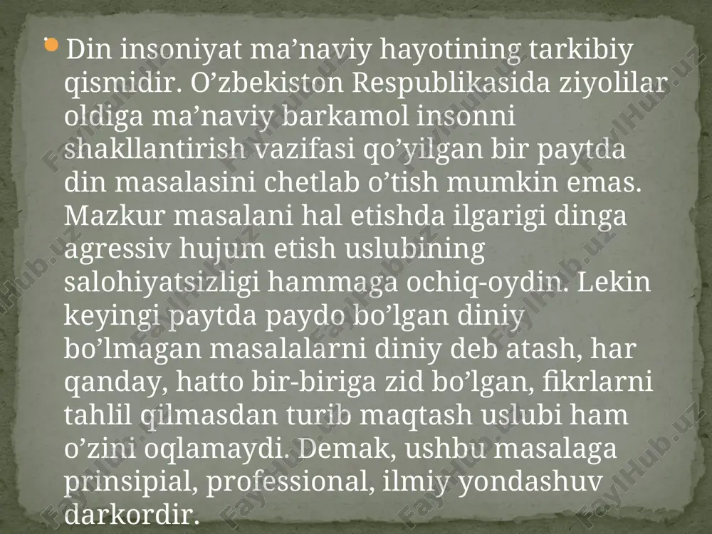 lar paydo bo’lgungacha, oilaviy jamoalarning shakllangunicha vujudga kelgan. biroq etarli tushunib etilgan va barqaror ko’rinishdagi diniy xarakterga ega bo’lgan tizim sifatida kechroq, totemizm bilan bir vaqtda shakllangan . animizm sehrgarlik (afsun, magiya) real natijalar olish uchun ilohiy kuchlarga ta’sir etish maqsadida amalga oshiriladigan ritual - urf-odatlar majmuasidir. u totemizm va animizm bilan bir vaqtda paydo bo’lib, u orqali kishilar o’z totemlari, ota-bobolarining ruhlari bilan xayolan bog’lanishni amalga oshirib kelganlar. u qadim o’tmishda paydo bo’lib, minglab yillar davomida rivojlanishda davom etib, saqlanib kelgan. odatda afsungarlik urf-odatlari bilan maxsus odamlar - shamanlar, afsungarlar shug’ullanganlar. shomonlik yoxud sehrgarlik fetishizm (fetish so’zi fransuzcha fetiche – but, sanam; tumor ma’nosidagi so’zni anglatadi). uning mohiyati tabiatdagi jonsiz predmetlarga sig’inishdir. unga ko’ra alohida buyumlar kishining o’z maqsadiga erishtirish, ma’lum voqea-hodisalarning o’zgartirish kuchiga ega. fetish ham ijobiy ham salbiy ta’sir etish kuchiga ega. fetishizm yog’och, loy va boshqa materiallardan yasalgan buyumlar paydo bo’lishi bilan bir paytda shakllangan. bu …
