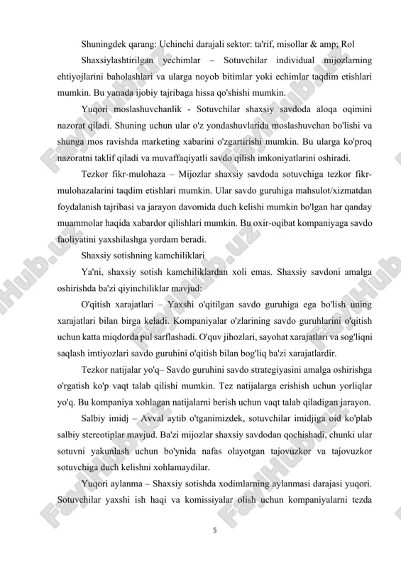/xizmatlarni sotish va savdo jamoasi orqali mijozlarni xabardor qilish. u kamroq murakkab mahsulotlar/xizmatlarni sotish uchun ishlatiladi. u murakkab mahsulotlar/xizmatlarni sotish uchun ishlatiladi. u keng qamrovga ega. u cheklangan doiraga ega. u koʻproq shaxsiylashtirish imkonini beradi. bu savdo texnikasining yanada agressiv shakli. bu savdo texnikasining agressiv shakli emas. e'tibor mijozlarni yaxshi taklif haqida xabardor qilishga qaratilgan diqqat mijozlar bilan mustahkam aloqalarni rivojlantirishga qaratilgan. matnli xabarlar kampaniyalari va ma'lumotlar bazasi marketingi to'g'ridan-to'g'ri marketingga misoldir. mahsulot sotuvchi sotuvchi shaxsiy savdoga misol bo'la oladi. 1-jadval. to'g'ridan-to'g'ri marketing va shaxsiy sotish shaxsiy sotish turlari shaxsiy savdoning uchta asosiy turi mavjud. kompaniyalar savdo faoliyati asosida ulardan bittasi yoki barchasidan foydalanishlari mumkin edi. savdo ko'rsatkichlarini yaxshilash uchun shaxsiy savdoning qaysi turi ideal ekanligi savdo strategiyasida hal qilinadi: buyurtma yaratuvchisi – shaxsiy savdoning ushbu turida sotuvchilar buyurtmalar yaratishdir. ular mijozlarga mahsulot va xizmatlar haqida ma'lumot beradi va ushbu mahsulot/xizmatlar uchun ehtiyojlarni yaratishga harakat qiladi. ular mahsulotni o'zlari sotmaydilar, …
