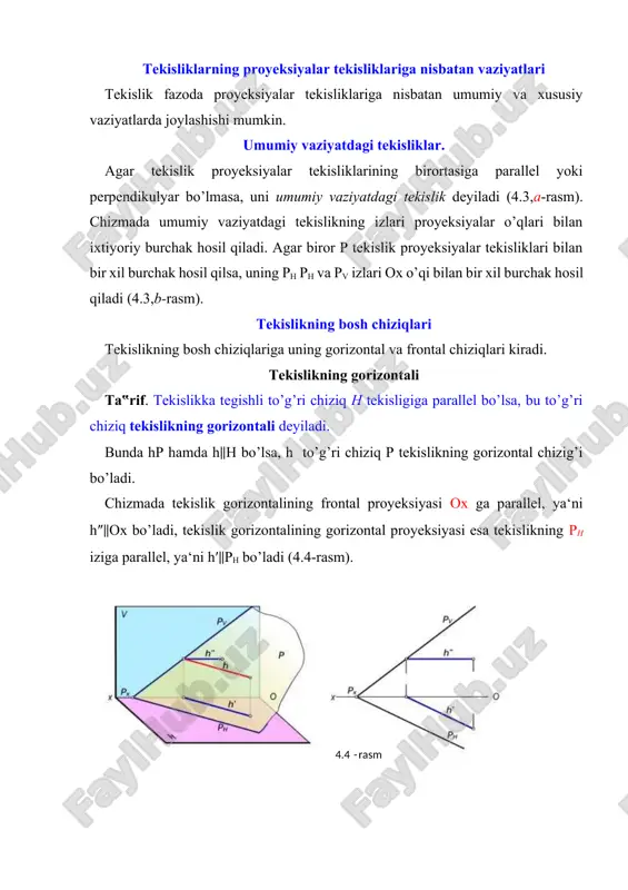alovchi tekislik deb ataladi. bu tekislikning gorizontal gh va frontal gv izlari ox o’qiga parallel bo’ladi (4.8,a-rasm). g profil proyeksiyalovchi tekislikning h va v tekisliklar bilan hosil qilgan burchaklari 4.8,b-rasmda ko’rsatilganidek haqiqiy kattalikda a b 4 . 8 - rasm proyeksiyalanadi. shuningdek, profil proyeksiyalovchi tekislik proyeksiyalar o’qi ox dan ham o’tishi mumkin (4.9,a-rasm). u holda g tekislikning gorizontal gh va frontal gv izlari ox o’qida bo’ladi va tekislikning fazoviy vaziyatini aniqlab a b 4.9-rasm bo’lmaydi. shuning uchun bunday hollarda mazkur tekislikning profil izi yoki shu tekislikka tegishli bo’lgan biror a(a′, a″) nuqtaning ikki proyeksiyasi beriladi (4.9,b-rasm). bu nuqtaning a″′ proyeksiyasi orqali tekislikning profil izini yasash mumkin (4.10-rasm). proyeksiyalovchi tekislikning ikkita izini chizmada tasvirlash shart emas. tekislikning bitta izi, aynan gorizontal proyeksiyalovchi tekislikning gorizontal izi mh, frontal proyeksiyalovchi tekislikning frontal izi nv, profil proyeksiyalovchi tekislikning profil izi gw, orqali ham ularning vaziyatini aniqlash mumkin (4.11-rasm). 4.10-rasm 4.11-rasm proyeksiyalar tekisligiga parallel tekisliklar …