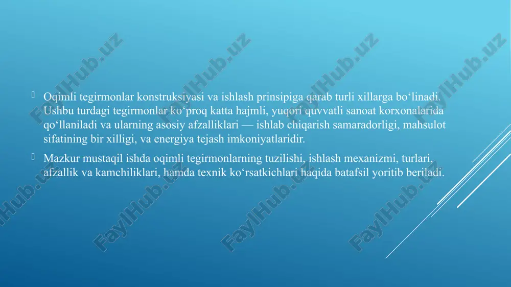 : oqimli tegirmonlar katta hajmda materialni tez va sifatli maydalashga qodir. ayniqsa, sharli yoki sag tegirmonlar yirik ishlab chiqarish quvvatlariga javob beradi. mahsulot sifatining bir xilligi: yopiq siklli tizimda mahsulot doimiy ravishda nazorat qilinadi va zarur noziklikda olinadi. ko‘p turdagi materiallar uchun mos: qattiq, yarim qattiq va mo‘rt materiallar, shu jumladan rudalar, tsement klinkeri, keramika xomashyolari kabi moddalarga moslashgan. avtomatlashtirish imkoniyati: barcha jarayonlar avtomatlashtirilgan boshqaruv tizimlari bilan birlashtirilishi mumkin (plc, scada). energiya samarador tizimlarga ulanish imkoniyati: zamonaviy energiya tejovchi texnologiyalar bilan uyg‘un ishlaydi (masalan, chastota regulyatorli motorlar). oqimli tegirmonlar sanoatda keng qo‘llaniladi, chunki ular yirik hajmli materiallarni uzluksiz tarzda, yuqori samaradorlik bilan maydalay oladi. shunga qaramay, har qanday texnologik uskunada bo‘lgani kabi, ularning ham o‘ziga xos afzalliklari va kamchiliklari mavjud. 3.oqimli tegirmonlarning afzalliklari va kamchiliklari kamchiliklari: dastlabki xarajatlar yuqori: oqimli tegirmonlarning o‘rnatilishi, montaj ishlari va uskunaning o‘zi juda katta mablag‘ talab qiladi. tegirmon qismlarining aşinishi: maydalovchi elementlar (sharlar, linerlar) va …