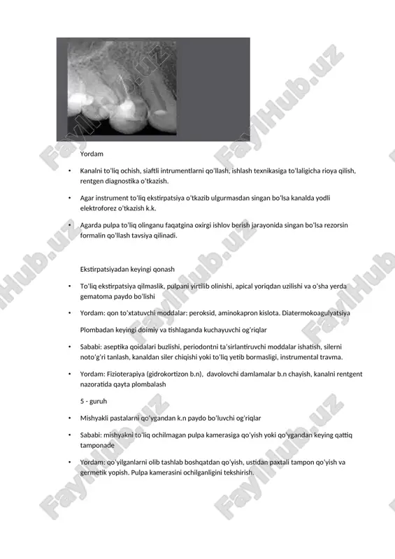 i tanlanishi, tish devorini sinishi oqibatida tushib ketishi. klinikio-rentgenologik tekshiruvlarni o’tkazish k.k. agarda boshqa tishlarda ham rentgen tekshiruvi natijasida shunaqa holat kuzatilishi m.nligi to’g’risida ma’lumot olinsa qayta plombalashni amalga oshirish k.k. · surunkali periodontitni rivojlanishi · uzoq vaqt simptomsiz kechishi m.n va rentgenologik tekshiruv natijasida aniqlanib qolishi m.n. undan tashqari organism himoya kuchlarini susayishi, ta’sirlantiruvchi faktorlarni ko’payishi oqibatida surnkalini qaytalanishi kuzatilishi m.n. bunda quyidagi rasmdagi holatlardan biri yuzaga chiqishi m.n · bunaqa holatlarda kompleks roentgen va endodotik amaliyotlar o’tlazilishi k.k. · davolashning qoidalariga to’liq amal qilinganda bu turdagi kasalliklardan k.n ham davolangan tishlar uzoq muddat xizmat qiladi
