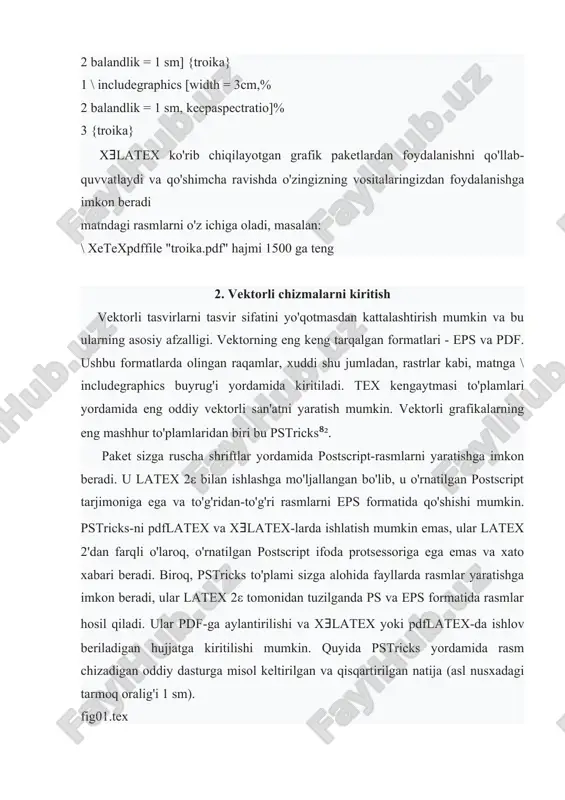 eps va pdf. ushbu formatlarda olingan raqamlar, xuddi shu jumladan, rastrlar kabi, matnga \ includegraphics buyrug'i yordamida kiritiladi. tex kengaytmasi to'plamlari yordamida eng oddiy vektorli san'atni yaratish mumkin. vektorli grafikalarning eng mashhur to'plamlaridan biri bu pstricks⁸². paket sizga ruscha shriftlar yordamida postscript-rasmlarni yaratishga imkon beradi. u latex 2ε bilan ishlashga mo'ljallangan bo'lib, u o'rnatilgan postscript tarjimoniga ega va to'g'ridan-to'g'ri rasmlarni eps formatida qo'shishi mumkin. pstricks-ni pdflatex va xǝlatex-larda ishlatish mumkin emas, ular latex 2'dan farqli o'laroq, o'rnatilgan postscript ifoda protsessoriga ega emas va xato xabari beradi. biroq, pstricks to'plami sizga alohida fayllarda rasmlar yaratishga imkon beradi, ular latex 2ε tomonidan tuzilganda ps va eps formatida rasmlar hosil qiladi. ular pdf-ga aylantirilishi va xǝlatex yoki pdflatex-da ishlov beriladigan hujjatga kiritilishi mumkin. quyida pstricks yordamida rasm chizadigan oddiy dasturga misol keltirilgan va qisqartirilgan natija (asl nusxadagi tarmoq oralig'i 1 sm). fig01.tex 1 \ documentclass [10pt] {maqola} 2 ... 3 \ usepackage [a4paper, …