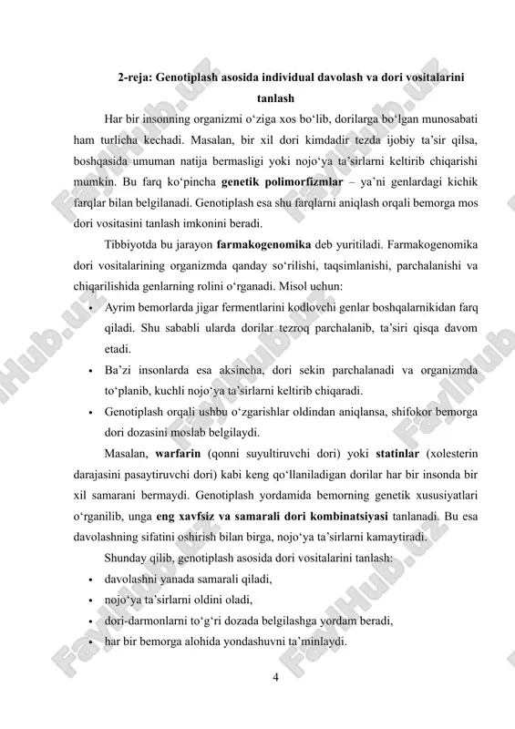 at: kasalliklarning oldini olish – odam o‘z genetik moyilliklarini oldindan bilib, sog‘lom turmush tarzini yo‘lga qo‘yishi va xavfli kasalliklarning rivojlanishini erta bosqichda to‘xtatishi mumkin bo‘ladi. masalan, yurak-qon tomir kasalliklariga moyilligi bor shaxslar erta profilaktika choralarini ko‘rishi mumkin. aniq va samarali davolash – shifokorlar bemorning genetik ma’lumotiga qarab dori vositalarini, jarrohlik yoki boshqa muolajalarni shaxsiylashtirilgan tarzda tanlaydilar. bu esa “bir bemorga mos kelgan usul boshqasiga ham mos keladi” degan an’anaviy qarashni butunlay inkor qiladi. sun’iy intellekt va katta ma’lumotlar bazasi bilan uyg‘unlashuv – genotiplash natijalarini qayta ishlashda sun’iy intellektdan foydalanish, qisqa vaqt ichida juda katta genetik ma’lumotlarni tahlil qilish imkonini beradi. natijada davolash jarayoni tezlashadi va aniqroq bo‘ladi. onkologiya, kardiologiya, nevrologiya va pediatriyada qo‘llanilishi – murakkab va xavfli kasalliklar, jumladan, saraton kasalliklari kelajakda genotiplash orqali individual davolash protokollari asosida davolanadi. genetik maslahat va oilaviy rejalashtirish – ota-onalarning genetik ma’lumotlari asosida kelajak avlodning irsiy kasalliklarga moyilligi aniqlanadi va bu sog‘lom naslni ta’minlashda …