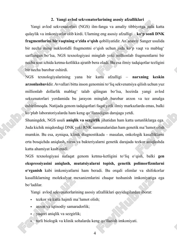 alan, onkologik kasalliklarni erta bosqichda aniqlash, virus va bakteriyalarni genetik darajada tezkor aniqlashda katta ahamiyat kasb etadi. ngs texnologiyasi nafaqat genom ketma-ketligini to‘liq o‘qish, balki gen ekspressiyasini aniqlash, mutatsiyalarni topish, genetik polimorfizmlarni o‘rganish kabi imkoniyatlarni ham beradi. bu orqali olimlar va shifokorlar kasalliklarning molekulyar mexanizmlarini chuqur tushunish imkoniyatiga ega bo‘ladilar. yangi avlod sekvenatorlarining asosiy afzalliklari quyidagilardan iborat: · tezkor va katta hajmli ma’lumot olish; · arzon va iqtisodiy samaradorlik; · yuqori aniqlik va sezgirlik; · turli biologik va klinik sohalarda keng qo‘llanish imkoniyati. 3. ngs texnologiyalarining tibbiyot va ilm-fandagi qo‘llanilishi yangi avlod sekvenatorlari (ngs) bugungi kunda faqatgina fundamental tadqiqotlar uchungina emas, balki amaliy tibbiyot, biotexnologiya va boshqa ko‘plab sohalarda ham keng qo‘llanmoqda. uning yordamida genomik ma’lumotlarni tezkor va aniq olish imkoniyati ochildi, bu esa inson salomatligini saqlashda, yangi dori vositalarini yaratishda va ilmiy izlanishlarda katta yutuqlarga olib kelmoqda. birinchi navbatda, ngs texnologiyalari shaxsiylashtirilgan tibbiyot sohasida muhim o‘rin tutadi. har bir …