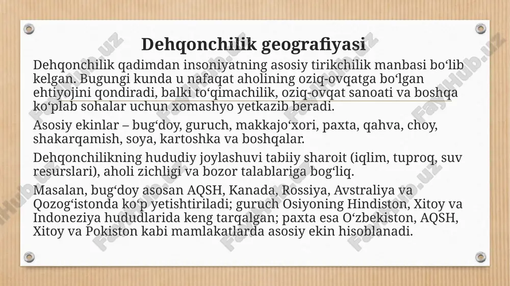 ulosa jahon dehqonchiligi, chorvachiligi va baliqchiligi insoniyatning oziq-ovqat xavfsizligini ta’minlaydigan eng muhim tarmoqlardir. tahlillardan ko‘rinib turibdiki, xitoy, hindiston, aqsh va braziliya kabi davlatlar ushbu sohalarda yetakchi o‘rinlarni egallaydi. ularning yirik ishlab chiqarish hajmi nafaqat ichki ehtiyojni qondiradi, balki jahon bozorida ham ustuvor mavqega ega bo‘lishiga sabab bo‘ladi. shuningdek, janubi-sharqiy osiyo mamlakatlari guruch va baliqchilik mahsulotlarida, yevropa mamlakatlari esa sifatli chorvachilik va don mahsulotlarida ajralib turadi. bu esa mintaqalarning iqlim sharoiti, tabiiy resurslari va iqtisodiy siyosatiga bevosita bog‘liqdir. umuman olganda, dehqonchilik, chorvachilik va baliqchilikning rivojlanishi mamlakatlarning ijtimoiy-iqtisodiy taraqqiyoti, oziq-ovqat mustaqilligi hamda xalqaro savdodagi mavqeini belgilab beradi. image4.png image5.png image6.png image7.png image8.png image9.png image10.png image11.png image3.png /docprops/thumbnail.jpeg