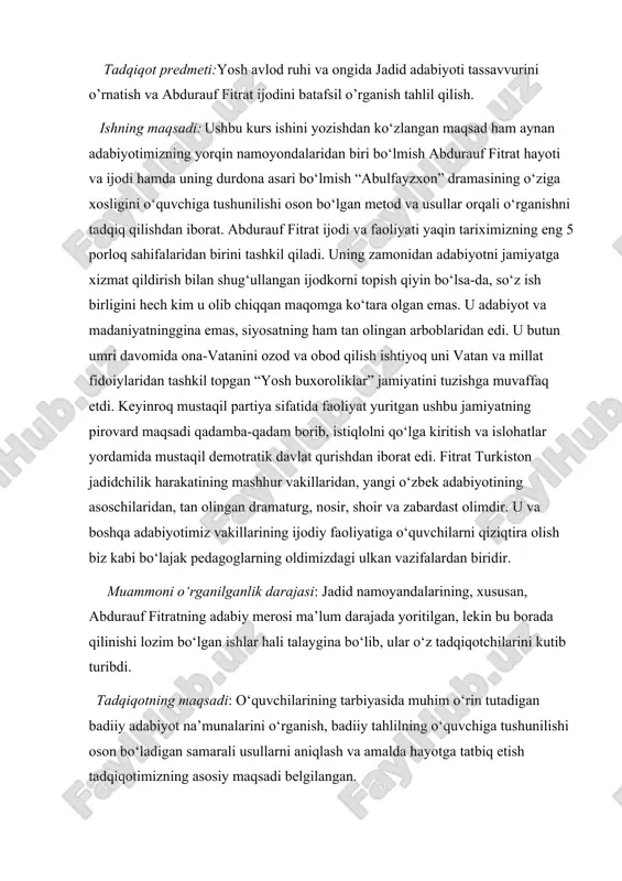 tlar yordamida mustaqil demotratik davlat qurishdan iborat edi. fitrat turkiston jadidchilik harakatining mashhur vakillaridan, yangi o‘zbek adabiyotining asoschilaridan, tan olingan dramaturg, nosir, shoir va zabardast olimdir. u va boshqa adabiyotimiz vakillarining ijodiy faoliyatiga o‘quvchilarni qiziqtira olish biz kabi bo‘lajak pedagoglarning oldimizdagi ulkan vazifalardan biridir. muammoni o‘rganilganlik darajasi: jadid namoyandalarining, xususan, abdurauf fitratning adabiy merosi ma’lum darajada yoritilgan, lekin bu borada qilinishi lozim bo‘lgan ishlar hali talaygina bo‘lib, ular o‘z tadqiqotchilarini kutib turibdi. tadqiqotning maqsadi: o‘quvchilarining tarbiyasida muhim o‘rin tutadigan badiiy adabiyot na’munalarini o‘rganish, badiiy tahlilning o‘quvchiga tushunilishi oson bo‘ladigan samarali usullarni aniqlash va amalda hayotga tatbiq etish tadqiqotimizning asosiy maqsadi belgilangan. tadqiqotning obyekti: mazkur tadqiqot uchun fitrat va boshqa ma’rifatparvarlarning adabiyotga oid barcha ilmiy hamda badiiy asarlar, maqola, risola, qo‘llanmalar manba sifatida qabul qilingan. bunda tashqari umumta’lim maktablarining adabiyot ta’limi jarayoni, o‘qituvchilarning pedagogik faoliyati, umumiy o‘rta ta’limning davlat ta’lim standarti va o‘quv dasturi, darsliklar, qo‘llanmalar ham obyekt sifatida belgilandi. i …