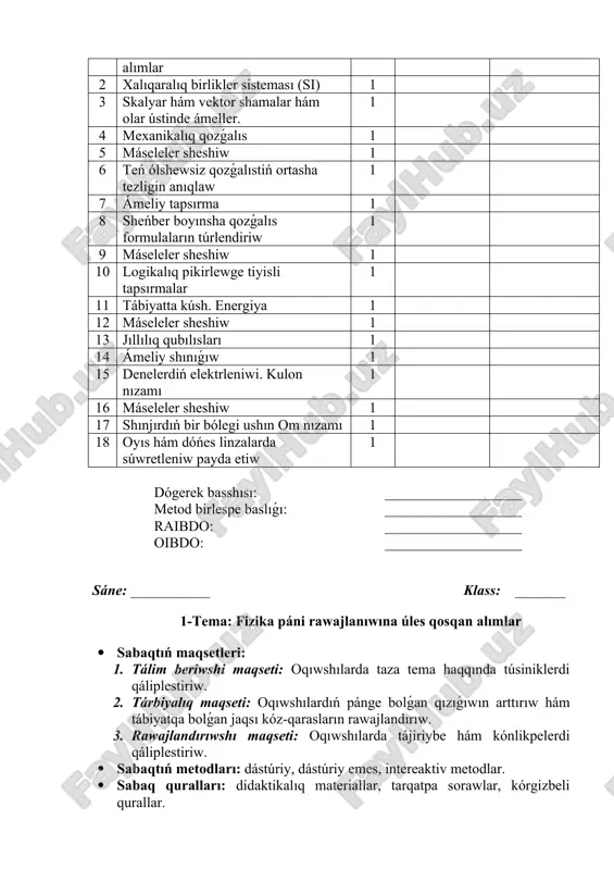 tikalıq materiallar, tarqatpa sorawlar, kórgizbeli qurallar. · sabaq barısı: · shólkemlestiriwshi bólim: sálemlesiw, qatnastı anıqlaw. · ótilgen temanı tákirarlaw: soraw-juwap, didaktik materiallar, tarqatpa sorawlar arqalı ótilgen tema bekkemlenedi. · taza tema túsindiriw: fizikalıq shamalar eki toparǵa bólinedi: skalyar hám vektorlıq shamalar. tek ǵana san mánisi menen anıqlanatuǵın shamalar skalyar shamalar dep ataladı. uzınlıq, maydan kólem, waqıt,temperatura, tıǵızlıq energiya sıyaqlı shamalar skalyar shamalar bolıp tabıladı. mısalı: adam denesi temperaturası termometr járdeminde ólshenedi.termometr kórsetken san mánisi skalyar shama bolıp esaplanadı. san mánisleri hám baǵıtları menen anıqlanatuǵın shamalar vektorlıq shamalar dep ataladı. fizikalıq shamalar vektor belgisi arqalı. mısalı: sayaxatshılar avtobusta tashkent – samarqand baǵıtı boyınsha 75 km/h tezlik penen qozǵalıp 4 saatta jetip baradı. avtobus qozǵalıs baǵıtı hám tezligi vektorlıq shamanı, qozǵalıw waqtı hám basıp ótilgen jolı bolsa skalyar shamanı bildiredi. · taza temanı bekkemlew: máseleler sheshiw hám soraw juwap arqalı taza tema bekkemlenedi. · oqıwshılardı bahalaw: · úyge tapsırma: temanı oqıw, máseleler …