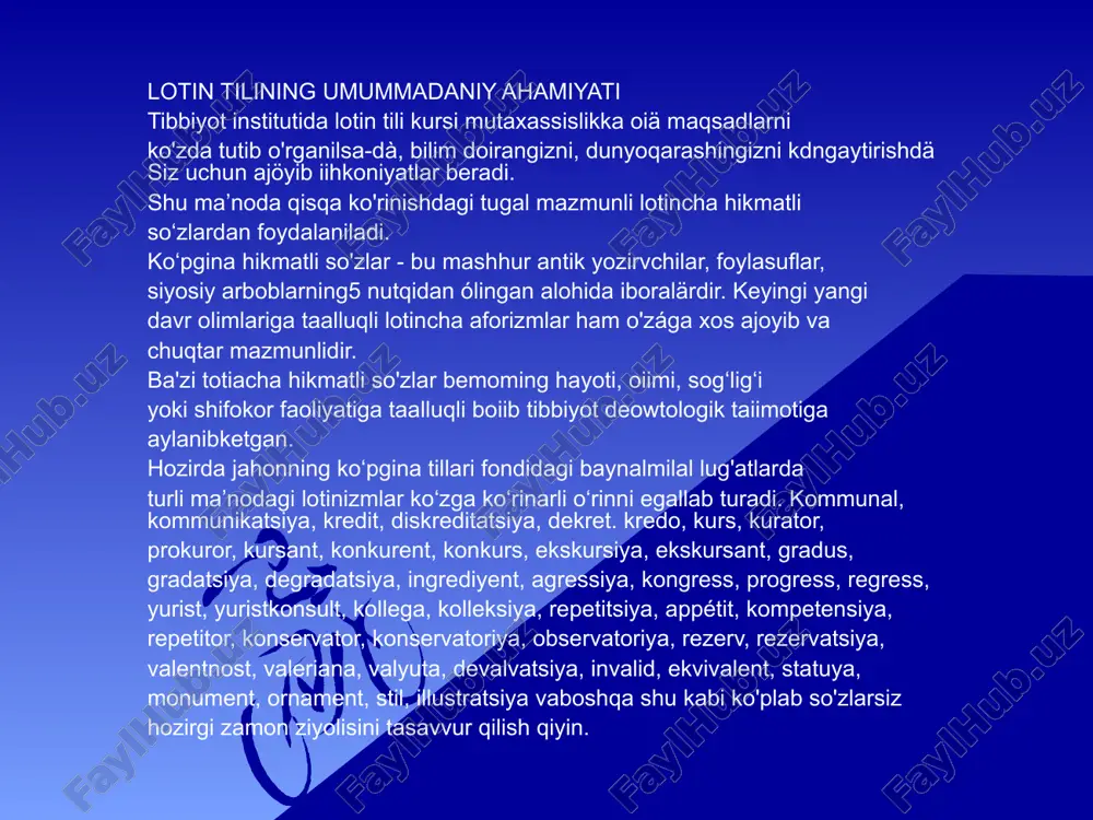 lik turmushda ishlatiladigan adabiy tildagi so‘zlardan farq qilib, ilmiy va ilmiy texnika tushunchalarini ifodalaydi. u ilmiy nazariy xulosa natijasi, m aium bir ilmiy nazariy parcha aksidir (bilimlar ilmiy tizimi). definitsiya yoki aniqlik kiritish kundalik turmushda ishlatiladigan so'zlardan farqli oiaroq, ilmiy ma’lumki bir fan, atamashunosligi tushunchalar tizimidagi ilmiy tushunchani ifodalashda o'zaro bir-biri bilan aloqada va munosabatda turgan nomlar, so'zlar, so‘z birikmalari tizimidir. atamashunoslik lug'atning boshqa qatlamlaridan farq qilib tartibga, normaga solish predmeti hamdir. 0 ‘zbekiston respublikasi mustaqillikka erishgandan so'ng 0 ‘zbekiston sogiiqni saqlash vazirligi qoshida o'zbekcha tibbiy atamalami tartibga solish bo'yicha atamashunoslik qo‘mitasi ish olib bormoqda. atamashunoslik doimiy harakatda, unda nimadir o'zgaradi, qo‘shiladi, iste’moldan chiqadi, chetlashadi. etiboringiz uchun rahmat image1.jpeg