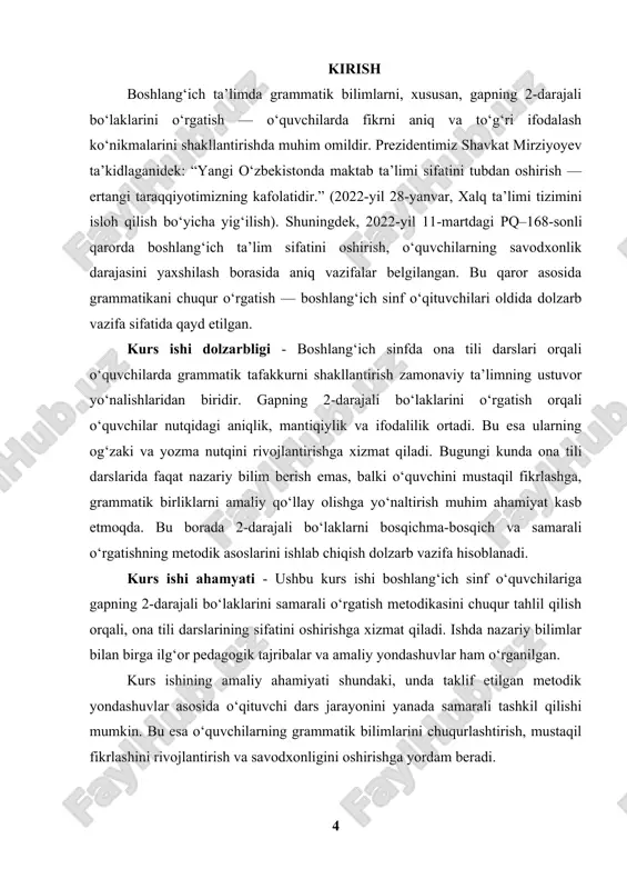'lim to'g'risida»gi qonuni 29.08.2022 y. o'zbekiston respublikasi oliy majlis axborotnomasi 2022 y. 10-son.] to‘ldiruvchi — fe’l, sifat, ot kabi so‘z turkumlari bilan bog‘lanib, nimani, kimni, kimga, nima bilan kabi savollarga javob beradi. bu gap bo‘lagi ot yoki olmosh shaklida bo‘ladi. masalan: kitobni o‘qidi, akamga sovg‘a berdi, o‘quvchilar bilan suhbatlashdi. hol — ish-harakatning holatini, vaqtini, tarzini, miqdorini bildiradi va qanday, qayerda, nima uchun, nima bilan kabi savollarga javob beradi. masalan: tez yugurdi, ertalab uyg‘ondi, do‘sti bilan keldi. boshlang‘ich sinf grammatikasida ushbu bo‘laklar birin-ketin emas, balki soddadan murakkabga prinsipi asosida o‘rgatiladi. darsliklarda dastlab asosiy bo‘laklar — ega va kesim beriladi. so‘ngra 2-darajali bo‘laklar bosqichma-bosqich kiritiladi. bu o‘quvchilarda fikrni bosqichma-bosqich ifodalash ko‘nikmasini shakllantirishga xizmat qiladi. bundan tashqari, 2-darajali bo‘laklar o‘quvchilarning mustaqil fikrlashini, tahlil qilish malakasini, gap tuzish madaniyatini rivojlantiradi. shu bois bu mavzuning boshlang‘ich ta’limda tutgan o‘rni katta ahamiyatga ega. boshlang‘ich sinf grammatikasida 2-darajali bo‘laklar tushunchasi o‘quvchilarning til va nutq madaniyatini shakllantirishda muhim …