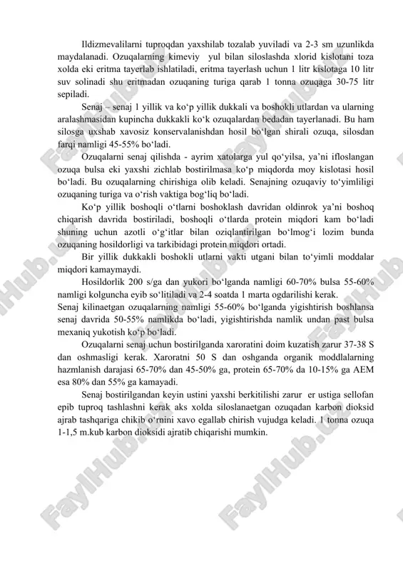 slotali achish vujudga keladi natijada ozuqa nordonlashadi. rivojlanishi maqsadga muvofik bo‘lmagan mikroorganizmlar rivojlanishi tugaydi. bu davrda achitkili achish vujudga kelib bir qism kand spirtga aylanadi. 3 faza bu davrda asosiy achish jaraeni tugaydi organik kislotalar paydo bo‘lib rn 4,0-4,2 ga pasayadi sut kislotasini ishlab chiqaruvchi bakteriyalar o‘ladi. yaxshi silosda doimo sut kislotasi miqdori uksus kislotasiga nisbatan ko‘p bo‘ladi, bu nisbat 3-4:1 bo‘lgani maqsadga muvofikdir. omixta silos – xar hil ozuqabop o‘simiklardan biologik konservatsiyalashning ratsional uso‘lidir. omixta silos tula to‘yimli ozuqa bo‘lib, hayvonlarga berishdan oldin kayta ishlov talab qilmaydi. omixta silosning asosiy komponentlari kobiqlash, tozalangan makkajuxorining sutasi, mum pishishidagi donlar, shakr, yarim shakar va xashaki lavlagi, kizil sabzi bargi bilan. ko‘k beda va qovoklar hisoblanadi. omixta silos bilan asosan esh hayvonlarni: buzok, cho‘chka, parrandalar boqiladi. omixta silos faqat standart transheyalarga bosiladi. omixta silos ko‘p komponenti ozuqa bo‘lib uning sifati kerakli komponentlarini yaxshi tanlashga bog‘liq. yaxshisi bir retseptini keltiraylik, sut-mum pishgan makkajuxori …