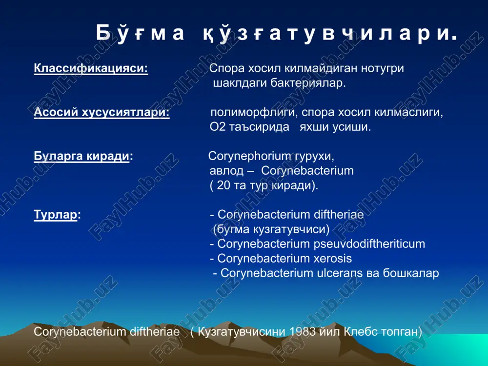 s – at zardob (kanchalik tez kullanilsa shuncha yaxshi). 3 sutkadan keyin zardob yuborilsa foyda bermasligi mumkin. ab parallel zardob bilan: tetratsiklin, eritromitsin yuboriladi. patogenetik – detoksikatsiyalovchi, yurak faoliyatini yaxshilovchi: vitaminlar, gormonlar, yotok rejim, 2 marotaba manfiy analizdan sung javob beriladi profilaktikasi maxsus spetsifik profilaktikasi: akds – vaktsina 3 oyda (1– 45 kun – 45 kun) 3 marotaba = 0,5 ml. ads – anatoksin. epidemiya davrida 95% - axoliga kilinadi. rossiyada xozirgi kunda kullanilmokda (2004 y): tetrakokk –: koklyush, difteriya, kokshol, poliomielit. dt vaks – tarkibida difter., kokshol = bolalar 6 yoshgacha. dt adyult – tarkibida difter., kokshol. = usmirlar va yoshi kattalar uchun. bubo-kok = akds + gepatit v. kuk yutal kuzgatuvchisi. klassifikatsiyasi: berji buyicha 11 guruxga kiritilgan ozik muxitlariga talabchan . aerob. gram (-) tayokcha va kokkobatsillalar kiradi. bu guruxga 4 ta avlod kiritilgan. francisella, brucella, bordetella, legionella. bordetella (kuk yutal kuzgatuvchisi ) bordetella pertusis bordetella parapertusis bordetella …