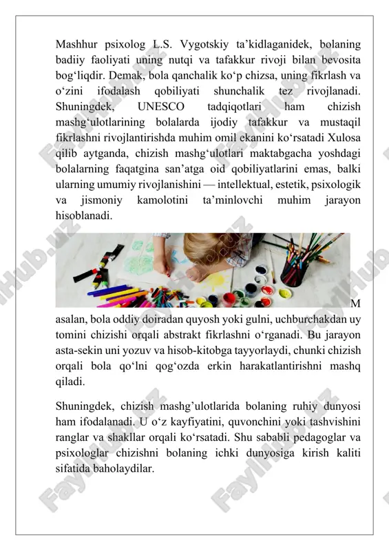 si rangni tanlading va nima uchun?” bu usul orqali bola o‘z tasavvurini so‘z orqali ifodalaydi, nutqiy rivojlanish va mantiqiy tafakkuri kuchayadi. 5. o‘yin metodlari chizishni o‘yin shaklida tashkil etish bolalarda qiziqishni oshiradi. masalan: “sehrli qalamtarosh”, “ranglar olami”, “kim tezroq quyoshni chizadi?” kabi o‘yinlar qo‘llanadi. psixologlar ta’kidlashicha, o‘yin orqali o‘rganilgan ko‘nikmalar bolalar xotirasida uzoqroq saqlanadi. zamonaviy usullar: multimedia va interaktiv texnologiyalar –planshetlarda chizish dasturlari orqali bolalar raqamli texnologiyaga qiziqadi va yangi imkoniyatlarni kashf etadi. kolaj va qo‘shma san’at – qog‘oz parchalari, plastilin yoki tabiiy materiallardan foydalanib, aralash texnika bilan rasm chizish. ijodiy topshiriqlar – bolaga erkin mavzu berish: “agar sening orzuingdagi uy bo‘lsa, uni qanday chizarding?” – bu bola fantaziyasini rivojlantiradi. bolalarni chizishga o‘rgatishda metod va usullar xilma-xil bo‘lishi zarur. chunki turli yondashuvlar bolaning turlicha qobiliyatlarini rivojlantiradi: kuzatish – tafakkurni, amaliy mashq – motorikani, suhbat – nutqni, o‘yin esa ijodiy tasavvurni boyitadi. chizishga o‘rgatishda tarbiyachi va ota-onaning hamkorligi maktabgacha yoshdagi bolalarni …