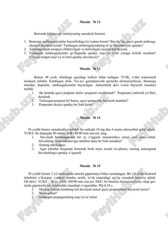 r mexanizmini qanday? 2. antikoagulyant terapiya effektivligini va hafsizligini nazorat kilish usuli. 3. tanlangan antikoagulyantni qo‘llaganda qanday nojo‘ya ta’sir yuzaga kelishi mumkin? yuzaga kelgan nojo‘ya ta’sirni qanday davolaysiz? masala № 13 bemor 48 yosh, klinikaga quyidagi tashxis bilan tushgan: yuik, o‘tkir transmural miokard infarkti. kardiogen shok. tez-tez qaytalanuvchi qorincha ekstrasistoliyasi. bemorga nitratlar, dopamin, antikoagulyantlar buyurilgan. antiaritmik dori vosita buyurish masalasi turibdi. 1. bu holatda qaysi preparat tanlov preparati xisoblanadi? preparatni yuborish yo‘llari, dozalash. 2. tanlangan preparat bo‘lmasa, qaysi preparatni buyurish mumkin? 3. preparatni dozasi qanday bo‘lishi kerak? masala № 14 56 yoshli bemor stenokardiya sababli bir sutkada 10 mg dan 4 marta nitrosorbid qabul qiladi. yuks- bir daqiqada 80 marta, a/b 140/80 mm sim.ust. teng. 1. davolash boshlangandan bir oy o‘tggach stenokardiya xuruji soni yana oshdi. ahvolining yomonlashuviga sabablar nima bo‘lishi mumkin? 2. sizning taktikangiz. 3. agar nitratlar berganda bemorda bosh miya insulti rivojlansa, sizning antianginal davolashingiz qanday o‘zgaradi. masala …