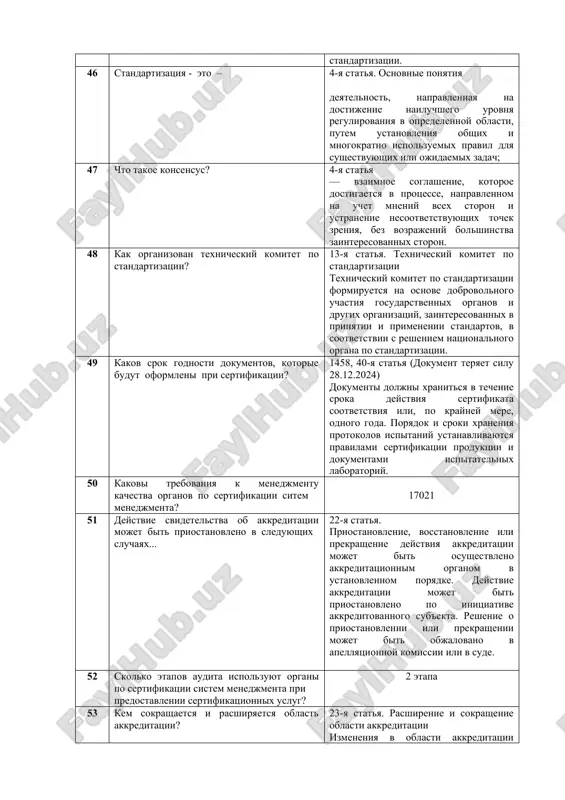 tsii" 05.11.2023 34 kak dolgo mojet bit prinyat plan standartizatsii v kratkosrochnoy perspektive? do 1 goda, statya 15. 35 kak dolgo mojet bit prinyat plan standartizatsii na srednesrochnuyu perspektivu? ot 1 goda do 5 let. 36 kak dolgo mojet bit prinyat plan standartizatsii v dolgosrochnoy perspektive? ot 5 let do 10 let. 37 na kakom yazike publikuyutsya natsionalnie standarti? na gosudarstvennom yazike, statya 23 38 v kakoy stroke pravilno ukazan znak natsionalnogo standarta uzbekistana soglasno state 18? o’zmst 39 kogda bil prinyat noviy zakon respubliki uzbekistan "o standartizatsii"? 03.11.2022 zru 800 40 kogda bil prinyat zakon "o texnicheskom regulirovanii”? 27.02.2023 zru 819 41 kto budet razrabativat proekti natsionalnix standarto 13-ya statya. texnicheskiy komitet po standartizatsii 42 kogda bil prinyat zakon ob akkreditatsii organov po otsenke sootvetstviya? 27.02.2023 zru -820 43 kategorii standartov v pravilnom poryadke naydite ukazannuyu stroku 17-ya statya. kategorii standartov natsionalnie standarti; mejdunarodnie (regionalnie) standarti; standarti zarubejnix stran.. …