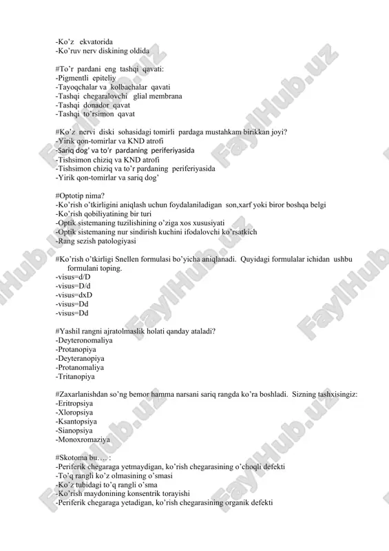 klinik refraksiyasi #optik sistema refraksiyasi deb … aytiladi: -dioptriylarda ifodalanuvchi optik sistemaning sindirish kuchi -konvergensiya bilan bog’liq holat -optik sistemani undan o’tuvchi yorug’likni neytrallash xususiyati -optik sistemani unga tushuvchi nurlarni akslantirishi -bir biridan ma’lum uzoqlikda joylashgan linzalar sistemasi #klinik refraksiya – bu: -yorug'likni qabul qila olish -shox parda qiyshiqligi radiusi -gavharning nur sindirish kuchi -ko’zning optik kuchi va o’qi uzunligi o’rtasidagi mutanosiblik -optik sistemaning bosh tekisliklari #statik refraksiya nimani anglatadi? -akkomodatsiyaning tinch holatida to’r pardada tasvirning hosil bo’lishi -shox pardaning sindirish kuchi -gavxarning sindirish kuchi -kameradagi suyuqlikning sindirish kuchi -to’r parda funksiyasi #tashqi govmichcha – bu: -konyunktiva ichki qismini chegaralangan yallig’lanishi -qovoq qalinligida yallig’lanishli infiltrat -ter bezining surunkali yallig’lanishi -kiprik ildizi qopchasining o’tkir yiringli yallig’lanishi -meybomiy bezining o’tkir yallig’lanishi #tashqi govmichchani keltirib chiqaruvchi mikroorganizm: -diplokokk -stafilokokk -pnevmokokk -streptokokk -kox tayoqchasi #surunkali dakriosistit sababi xisoblanadi: -ko’z yosh- burun kanalining stenozi -surunkali meybomiit -ko’z yoshi nayining stenozi -surunkali konyunktivit -surunkali kanalikulit #o’tkir …