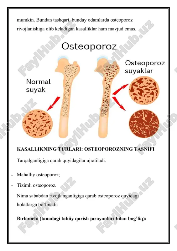 ichimliklarni iste’mol qilishdan voz kechish yoki cheklash; magniy, kaliy, fosfor kaltsiyni o’zlashtirishda muhim rol o’ynaydi va bu elementlar uchun ratsion muvozanatli bo’lishi kerak; kremniy, rux, bor, mis, marganets, vitamin c, vitamin e, d, k ga boy mahsulotlarga afzallik berish kerak. osteoporozni tashxislash kasallikni tashxislash usullari: · klinik tekshirish va anamnezni yig’ish; · radiodiagnoz (rentgenografiya, tomografiya, dansitometrik usullar); · biokimyoviy tadqiqotlar; · biopsiyani o’rganish. osteoporozni davolash osteoporozni davolash suyaklarning baquvvatligini oshirishga qaratilgan. kasallikning yengil shakllarida vitamin d bilan birga kaltsiy preparatlarini qabul qilish kifoya. ayollarning klimaks davridagi jiddiy yoki progressiv osteoporozda kasallikning rivojlanishini sekinlashtiruvchi estrogenlar buyuriladi. davolash yoki oldini olish uchun estrogenlar ko’pincha progesteron bilan birgalikda buyuriladi. bisfosfonatlar (zoledron, ibandron, alendron, klodron kislota) shuningdek, osteoporozni davolashda ham samarali hisoblanadi. ular suyak to’qimalarining siyrakligini kamaytiradi, suyak massasini ko’paytiradi, va sinish ehtimolini kamaytiradi. ko’plab mutaxassislar umurtqasi singan kishilarga kaltsitonin qabul qilishni tavsiya qiladi. ftor birikmalari suyak zichligini oshirishga yordam beradi, ammo bu holda …