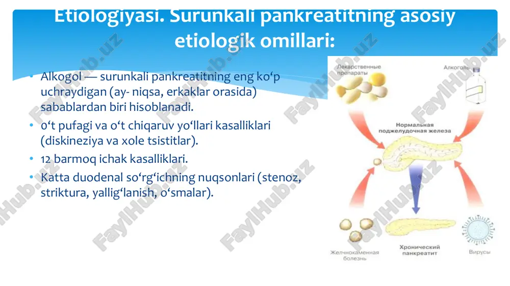bu holatlar surunkali pankreatit kechishida gipoglikemiyaga mo- yillik, insulinga muhtojlik, ketoatsidoz rivojlanishiga sabab bo‘ladi. • ekzokrin yetishmasligi. tchakda hazm bo‘lish va so‘rilish jarayon- larning buzilishi va ingichka ichakda infeksiya rivojlanishi bilan bog‘liq. • belgilari: ich ketishi, steatoreya (yaqqol steatoreyada bemor najasi bo'tqasimon, yog‘li yaltiroq va badbo‘y hidli bo'ladi), meteorizm, qo- rin sohasidagi og‘riq, ko'ngil aynishi, qusish, ishtaha yo'qolishi, ozish va gipovitaminoz (а, в, e, к va bl2) belgilar kiradi. surunkali pankreatitning klinik shakllari latent (og'riqsiz) shakli — 5% bemorlarda uchraydi va quyidagi klinik belgilar bilan namoyon bo‘ladi: — og'riq bo‘lmaydi yoki kuchsiz ifodalangan; — vaqt-vaqti bilan bemorlarni kuchsiz namoyon bo‘lgan dispeptik — belgilar (ko'ngil — aynishi, qusish, ishtaha pasayishi, kekirish) bezovta qiladi; — ba’zida ich ketishi yoki bo'tqasimon najas kuzatiladi; — laborator tekshiruvlarda me’da osti bezining ichki va tashqi — sekre- tor faoliyatining — buzilishi kuzatiladi; — koprologik tekshiruvda steatoreya, kreatoreya, amiloreya — kuzatiladi. surunkali retsidivlanadigan (og‘riqli) shakli - 55—60% …