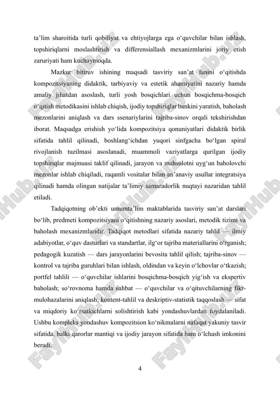rfeys, piktogramma yoki belgilar dizaynini kompozitsion tamoyillar asosida yechish o‘quvchilarni turli modalitdagi axborotlar bilan ishlashga o‘rgatadi. amaliy ahamiyati esa o‘qituvchi uchun tayyor dars ssenariylari, ijodiy topshiriqlar banki, baholash rubrikalari, differensiallash shablonlari va portfelni yuritish bo‘yicha aniq ko‘rsatmalarni taqdim etishdadir. bu vositalar dars samaradorligini oshirish, o‘quvchi motivatsiyasini kuchaytirish va ijodiy muhitni barqarorlashtirishga xizmat qiladi. tadqiqot chegaralari va cheklovlari aniq belgilangan. tajriba-sinov ishlari asosan 5–9-sinflar bilan o‘tkaziladi; bu tanlov o‘rta bo‘g‘inda kompozitsion ko‘nikmalarni diagnostika qilish qulayligi bilan izohlanadi. boshlang‘ich va yuqori bo‘g‘inlarga xulosalarni kengaytirishda ehtiyotkorlik zarur. maktablarning texnik bazasi turlicha bo‘lgani sababli, raqamli vositalarni qo‘llash barcha joyda bir xil darajada amalga oshirilmasligi mumkin; shu bois ssenariylar moslashtiriladi va alternativ analog usullar taklif qilinadi. baholashning bir qismi ekspert xulosalariga tayanishi inter-rater ishonchliligini ta’minlashni talab etadi; buning uchun ikki mustaqil ekspert bahosi o‘rtasidagi muvofiqlik ko‘rsatkichi hisobga olinadi. asosiy tushunchalar operatsion tarzda aniqlab beriladi. kompozitsion markaz tomoshabin nigohini to‘plovchi semantik va vizual urg‘u nuqtasidir; muvozanat …