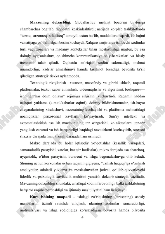ozim, ish staji) va ma’lumot to‘plash tartibini belgilash. kurs ishining predmeti - ushbu kurs ishining predmeti — ishdagi zo‘riqishning xodimlar samaradorligiga ta’sir etish mexanizmlaridir. ya’ni, ish talablari (ish yuklamasi, muddat bosimi, rol va vazifa noaniqligi, kommunikatsiya sifati, raqamli yuklama) natijasida yuzaga keladigan ruhiy-fiziologik zo‘riqishning xodimning ish natijalariga (unumdorlik, ish sifati, xatolar soni, kechikishlar, ishga kelmaslik, mijoz/qo‘llanuvchi qoniqishi) qanday yo‘l bilan va qanchalik kuchda ta’sir qilishini o‘rganish. kurs ishining ob’ekti - ushbu kurs ishining ob’ekti — tanlangan tashkilot(lar)dagi xodimlar va ularning ish jarayoniga xos psixososial omillar (ish yuklamasi, muddat bosimi, rol noaniqligi, kommunikatsiya sifati, raqamli yuklama, rahbarlik uslubi) hamda ushbu omillarning kundalik mehnat faoliyatida namoyon bo‘lishi. i bob. ishdagi zo‘riqishning nazariy asoslari job demands–resources (jd–r) modeli ishdagi zo‘riqishni ish talablari va mavjud resurslar o‘rtasidagi muvozanat orqali izohlaydi. talablar — kognitiv, emotsional yoki jismoniy kuch sarfini oshiruvchi omillar bo‘lib, muddat bosimi, yuklama, rol noaniqligi va mijozlar bilan murakkab muloqotni qamrab oladi. resurslar …