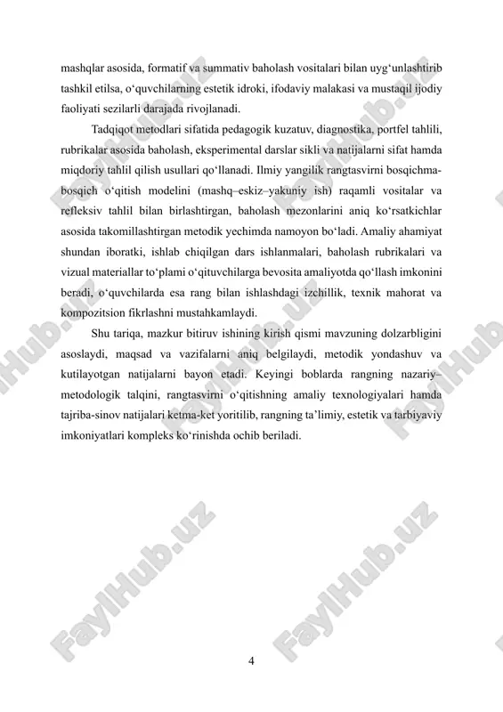 ir-birini inkor qilmaydigan, ammo to‘qnashuvchi rang juftliklari qo‘llanadi. o‘quv jarayonida rang nazariyasini bosqichma-bosqich o‘zlashtirish muhim: dastlab oddiy rang doirasi va birlamchi–ikkilamchi–uchlamchi ranglar o‘rgatiladi, keyin esa qiymat shkalasi, neytrallash, rangni sovutish yoki isitish, komplementar bilan soya va yoritish masalalariga o‘tiladi. akvarelda shaffof qatlamlash va suv nazorati, guaşda opak qatlam va qoplovchanlik, akril va temperada qurish tezligi va qatlam barqarorligi kabi texnik xususiyatlar rang yechimining sifatiga bevosita ta’sir qiladi. shu bois rang nazariyasi materiallar texnologiyasi bilan birga beriladi: palitra tayyorlash, pigmentni suyultirish yoki quyuqlashtirish, qog‘oz yoki grundlangan yuzaning rangi va teksturasi bilan ishlash kabi ko‘nikmalar kolorit boshqaruvini real amaliy holatda mustahkamlaydi. rangning psixologik va madaniy kontekstini yoritish ham zarur. ayrim ranglar emotsional assotsiatsiyalar uyg‘otadi, lekin bu assotsiatsiyalar madaniy va individual tajribaga ko‘ra turlicha bo‘lishi mumkin. darsda rang ramziyatini shablonlarga qamab qo‘ymaslik, aksincha, kuzatuv va muhokama orqali o‘quvchining shaxsiy tajribasini boyitish tavsiya etiladi. natijada o‘quvchi rang tanlashni “to‘g‘ri–noto‘g‘ri” me’yoriga ko‘ra emas, balki “maqsadga …