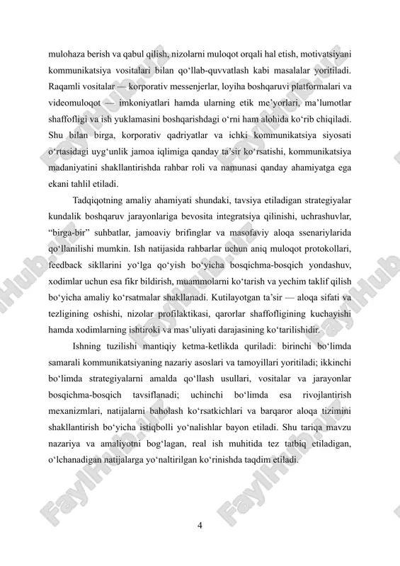 rategiya va siyosatni tushuntirish, resurslarni taqsimlash, nazorat hamda motivatsiyani shakllantirishga xizmat qiladi; pastdan yuqoriga oqim esa operativ muammolar, takliflar, xavf va imkoniyatlar haqida rahbarga real vaqtli signal beradi. gorizontal oqim bo‘limlar o‘rtasida “bitta zanjir”da ishlashni ta’minlaydi: loyiha, mijoz, muddat va sifat talablarida talqin farqlari kamayadi, jarayonlar uzluksiz ulanadi. diagonal oqim murakkab loyihalarda tezkor kelishuv va muvozanatni yaratadi, byurokratik to‘siqlarni qisqartiradi[footnoteref:1]. [1: tojiboyeva g. r. rahbar va xodimlar o‘rtasidagi nizolar va ularni bartaraf etish yo‘llari. ilmiy maqola. киберленинка] kommunikatsiyaning funksional o‘rni keng: u rejalashtirish va qaror qabul qilishning axborot bazasini yaratadi, koordinatsiyani ta’minlaydi, motivatsiya va rag‘bat tizimlarini izohlaydi, nazorat va qayta aloqa orqali jarayonni tuzatadi. korporativ qadriyatlar va identitet aynan kommunikatsiya orqali kundalik xatti-harakatga “ko‘chiriladi”: “nima qilish kerak” bilan birga “qanday qilish kerak” ham singdiriladi. shu bois kommunikatsiya tashkilot madaniyati, ish muhiti iqlimi va ishonch kapitalining asosiy tashuvchisidir. ishonch bo‘lmagan joyda xodim tavakkal qilmaydi, muammolarni yashiradi, yangilik taklif etishga jur’at etmaydi; …