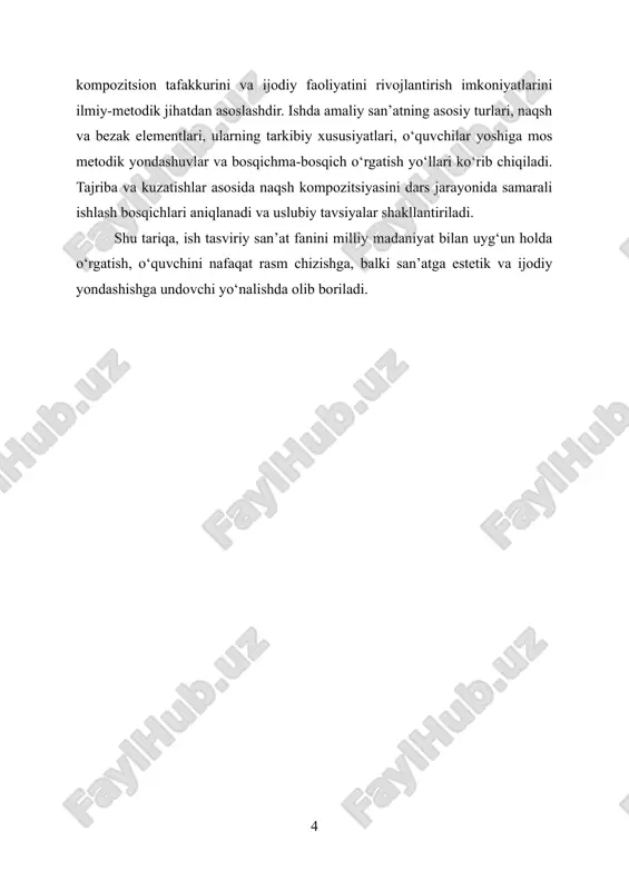 did, badiiy qarash va shakl madaniyatining yuqoriligini tasdiqlaydi. amaliy bezak san’ati o‘zining estetik qudrati bilan zamonaviy san’atga ham kuchli ta’sir o‘tkazgan. bugungi kunda dizayn, dekorativ grafika, interyer bezagi, mato va libos dizaynida qadimiy amaliy san’at naqshlari, rang uyg‘unligi, kompozitsiyasi va texnik uslublari qayta talqin etilmoqda. demak, amaliy san’at faqat tarixiy yodgorlik emas, balki bugungi dizayn va vizual madaniyatning zamini, ilhom manbai hisoblanadi. xulosa qilib aytganda, amaliy bezak san’ati — bu xalqning badiiy tafakkuri, didi, urf-odatlari, estetik qarashlari va mehnat madaniyatining obrazli ifodasidir. u asrlar davomida shakllanib, madaniyatlararo almashinuv, tarixiy bosqichlar va ijtimoiy hayot bilan uyg‘unlashgan holda yashab kelmoqda. bugungi tasviriy san’at ta’limida bu san’at turi o‘quvchilarning milliy o‘zlikni anglashiga, estetik didini shakllantirishga va badiiy tafakkurini rivojlantirishga xizmat qiladigan boy metodik manba bo‘lib xizmat qilmoqda. 1.2. milliy amaliy san’at turlari: kulolchilik, kashtachilik, misgarlik, yog‘och o‘ymakorligi milliy amaliy san’at turlari o‘zbek xalqining asrlar davomida shakllangan badiiy tafakkuri, mehnat madaniyati va estetik qarashlarini …