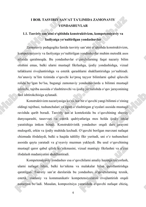 konstruktivizm nazariyasiga ko‘ra, har bir o‘quvchi yangi bilimni o‘zining oldingi tajribasi, tushunchalari va ilgari o‘zlashtirgan g‘oyalari asosida mustaqil ravishda qurib boradi. tasviriy san’at kontekstida bu o‘quvchining shaxsiy dunyoqarashi, tasavvuri va estetik qadriyatlariga mos holda ijodiy ishlar yaratishiga imkon beradi. konstruktivistik yondashuv orqali dars jarayoni muloqotli, erkin va ijodiy muhitda kechadi. o‘quvchi berilgan mavzuni nafaqat chizmada ifodalaydi, balki u haqida tahliliy fikr yuritadi, uni o‘z tushunchasi asosida qayta yaratadi va g‘oyaviy mazmun yuklaydi. bu usul o‘quvchining mustaqil qaror qabul qilish ko‘nikmasini, vizual mantiqiy fikrlashni va o‘zini ifodalash madaniyatini shakllantiradi. kompetensiyaviy yondashuv esa o‘quvchilarni amaliy hayotga tayyorlash, ularni nafaqat bilim, balki ko‘nikma va malakalar bilan qurollantirishga qaratilgan. tasviriy san’at darslarida bu yondashuv o‘quvchilarning texnik, estetik, madaniy va kommunikativ kompetensiyalarini rivojlantirish orqali namoyon bo‘ladi. masalan, kompozitsiya yaratishda o‘quvchi nafaqat chiziq, shakl, rang va muvozanatni biladi, balki ularni obrazli fikrda uyg‘unlashtira oladi, g‘oyaviy yondashadi, ijodiy echim taklif qila oladi va tayyor ishini taqdim etish …