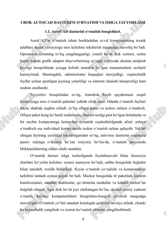 mga o‘tkazish ba’zan ixtiyoriy bo‘lsa-da, o‘rnatish jarayonida bloklanishlarning oldini olishi mumkin. o‘rnatish dasturi ishga tushirilganda foydalanuvchi bilan litsenziya shartlari bo‘yicha kelishuv oynasi namoyon bo‘ladi; ushbu bosqichda hujjatlar bilan tanishib, rozilik bildiriladi. keyin o‘rnatish yo‘nalishi va komponentlar tarkibini tanlash oynasi paydo bo‘ladi. mazkur bosqichda til paketlari, kontent kutubxonalari, standart shablonlar, qo‘shimcha modullar va kerakli toolset’lar belgilab olinadi. agar disk bo‘sh joyi cheklangan bo‘lsa, dastlab asosiy yadroni o‘rnatib, keyingi komponentlarni bosqichma-bosqich qo‘shish maqsadga muvofiqdir. o‘rnatish yo‘lini standart katalogda qoldirish tavsiya etiladi, chunki bu keyinchalik yangilash va xizmat ko‘rsatish ishlarini yengillashtiradi. jarayon davomida tizim microsoft visual c++ paketlari, .net kutubxonalari yoki boshqa zarur tizim komponentlarini o‘rnatishni taklif qilishi mumkin. bu bog‘liqliklar autocad funksiyalarining to‘liq va barqaror ishlashi uchun zarur, shu bois ularni o‘rnatishni rad etmaslik kerak. ayrim hollarda o‘rnatish tugagach, kompyuterni qayta yuklash so‘raladi; bu operatsiya ro‘yxatdan o‘tgan xizmatlarni faollashtirish va drayverlar bilan integratsiyani yakunlash uchun muhimdir. o‘rnatish yakunlangach, birinchi ishga tushirishda dastur …
