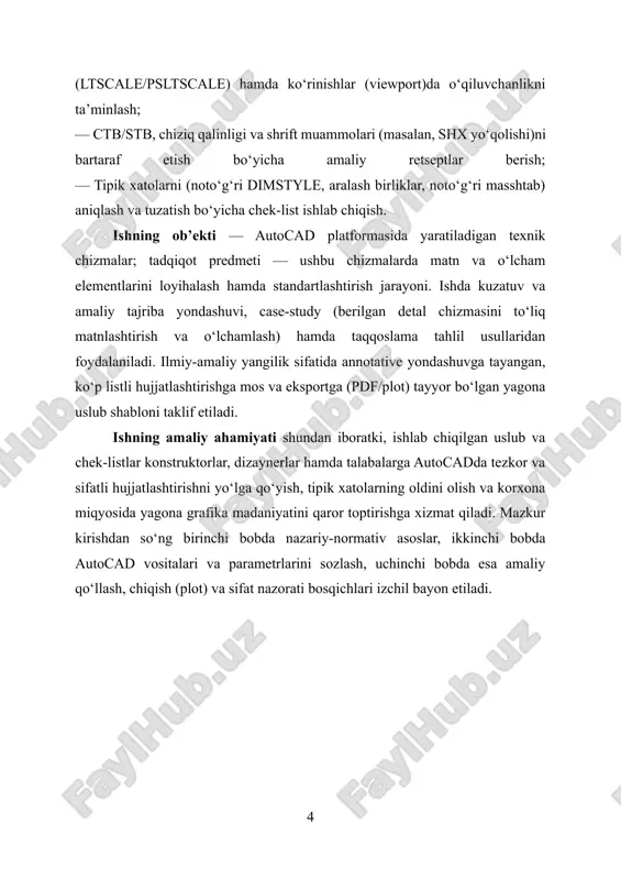 nadigan, burchakli yoki to‘g‘ri uchli strelkalar ko‘rinishida bo‘lib, ularning o‘lchami chiziq qalinligi va matn balandligiga mutanosib tanlanadi. matn o‘lcham chizig‘i ustiga joylashtiriladi, imkon bo‘lmasa, uning uzilishida yoki yaqinidagi polkaga (“shelf”) ko‘chiriladi; matn o‘qish yo‘nalishi chizmada yagona bo‘lishi shart. o‘lchamlash metodlaridan zanjirli (ketma-ket), bazaviy (barcha o‘lchamlar bitta bazaga nisbatan) va aralash usullar qo‘llanadi. zanjirli usul to‘planadigan xatolikni oshirishi mumkinligi sabab, muhim funktsional o‘lchamlar uchun bazaviy usul tavsiya etiladi. burchak o‘lchamlari yoy ko‘rinishidagi o‘lcham chizig‘i bilan, radius va diametrlar esa mos ravishda “r” va “⌀” belgisi bilan ifodalanadi; aylana va yoy markazlari markaz chiziqlari bilan ko‘rsatiladi. fazoviy yo‘naltirish zarur bo‘lsa, bazis belgilari va ko‘rinishlar orasidagi uzviylik saqlanadi. maxsus holatlar uchun belgilashlar aniq va yagona bo‘lishi kerak. faska yoki qatnov (chamfer) odatda “⌀x45°” yoki “a×b” ko‘rinishida yoziladi; countersink va counterbore mos piktogrammalar bilan yoki “⌀… csk 90°”, “⌀… c’bore …” ko‘rinishida ifodalanadi. qirqim va kesimlarda o‘lcham chiziqlari shtrixovka chiziqlari bilan chalkashmasligi uchun joylashuvi …